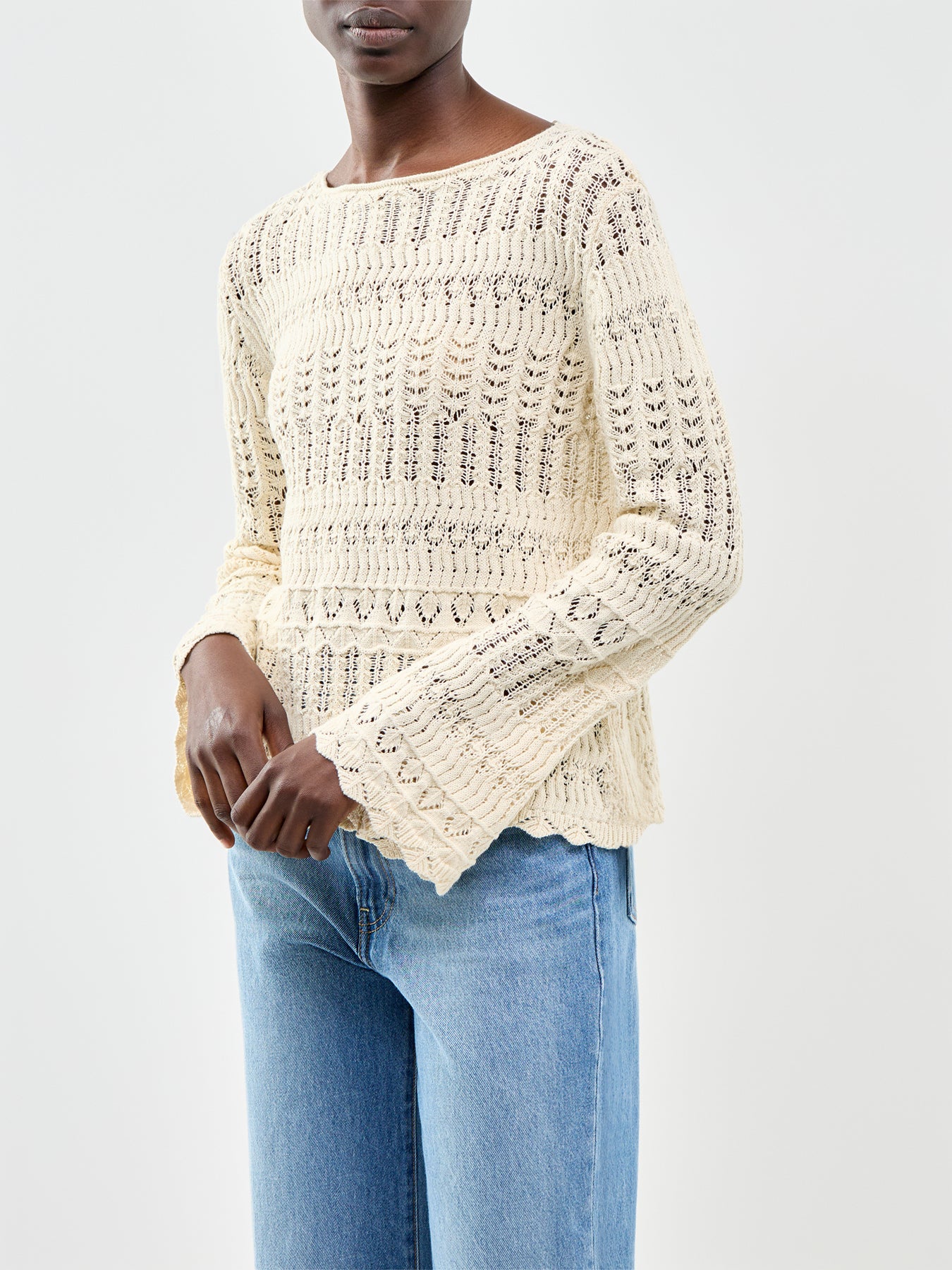 Pointelle Slash Neck Jumper Cream