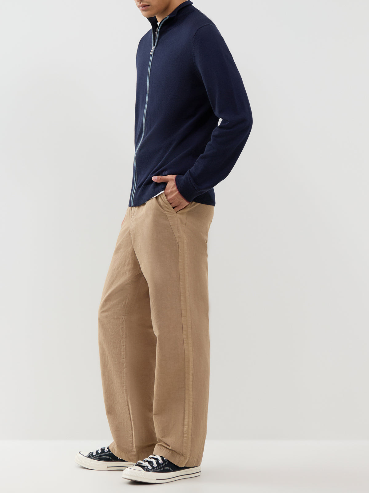 Merino Wool Zip-Through Cardigan - Navy