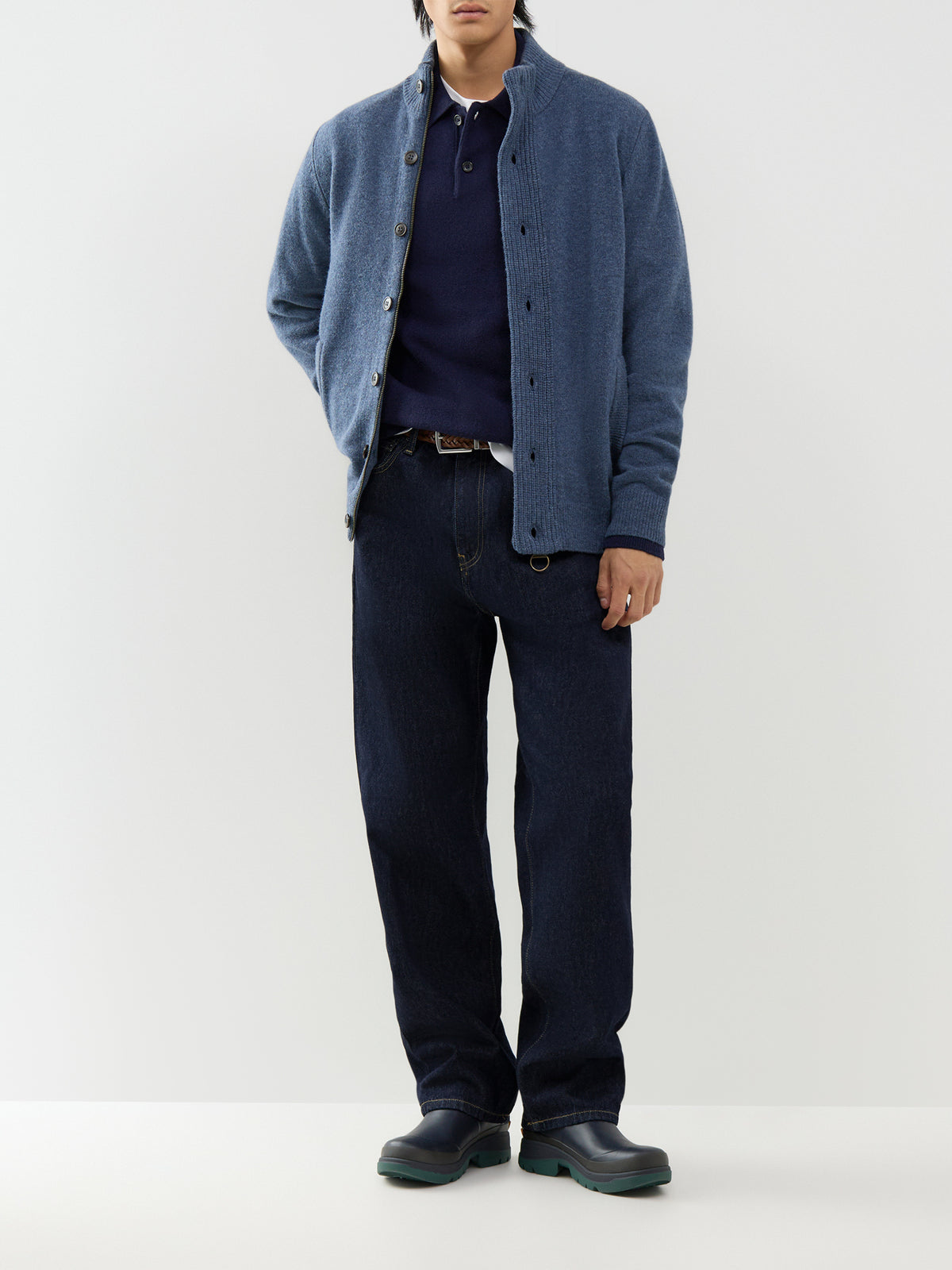 Merino Wool Knitted Long-Sleeve Polo Shirt – Navy