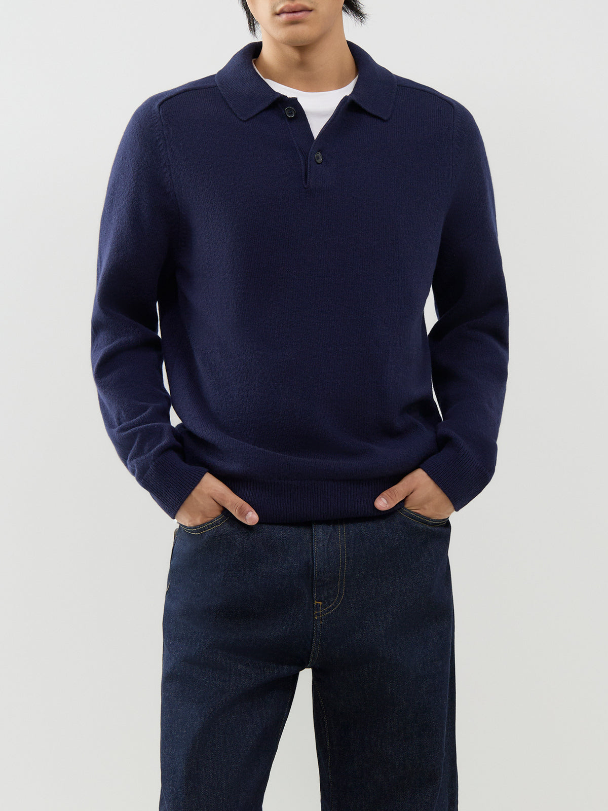 Merino Wool Knitted Long-Sleeve Polo Shirt – Navy