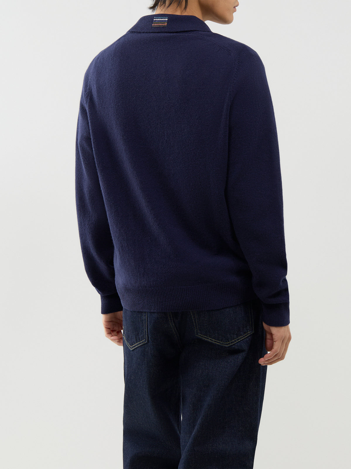 Merino Wool Knitted Long-Sleeve Polo Shirt – Navy
