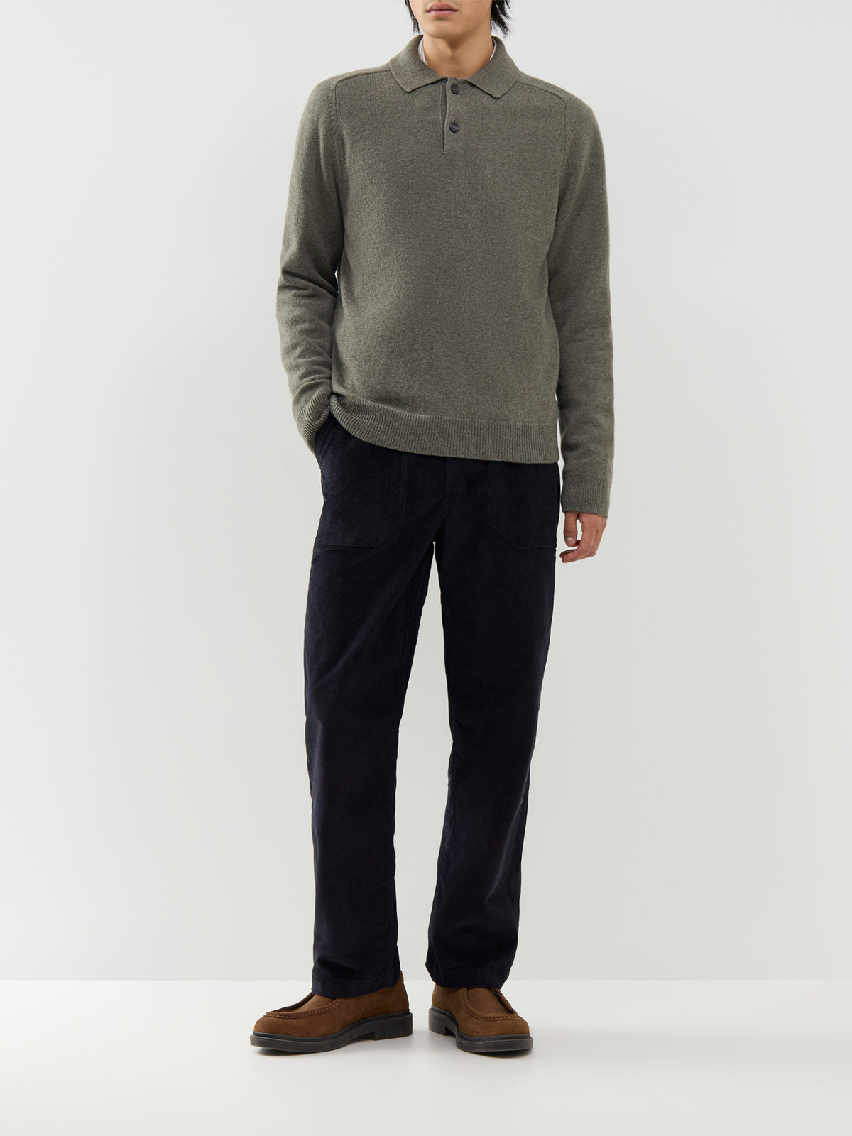 Merino Wool Knitted Long-Sleeve Polo Shirt – Khaki
