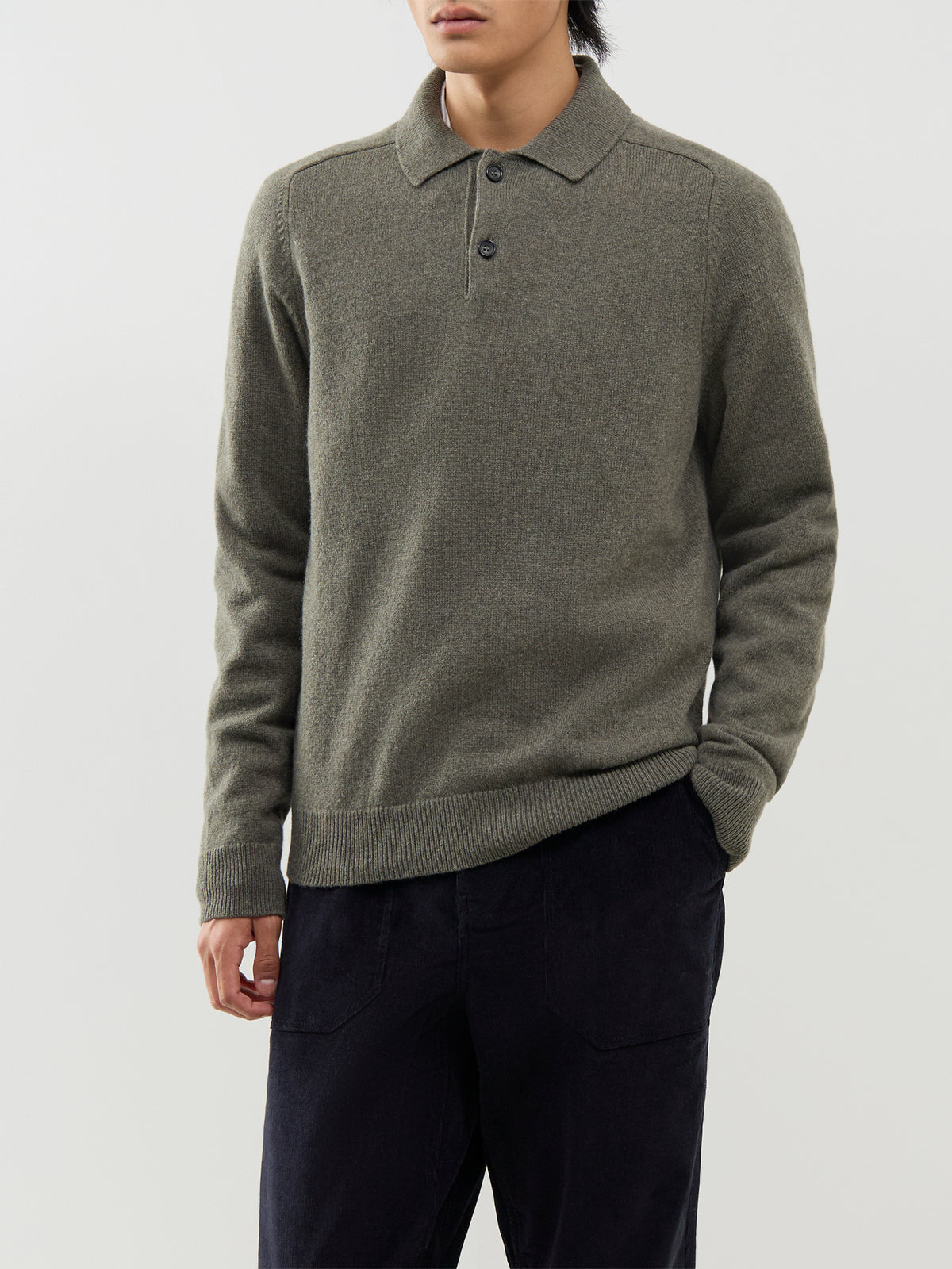 Merino Wool Knitted Long-Sleeve Polo Shirt – Khaki