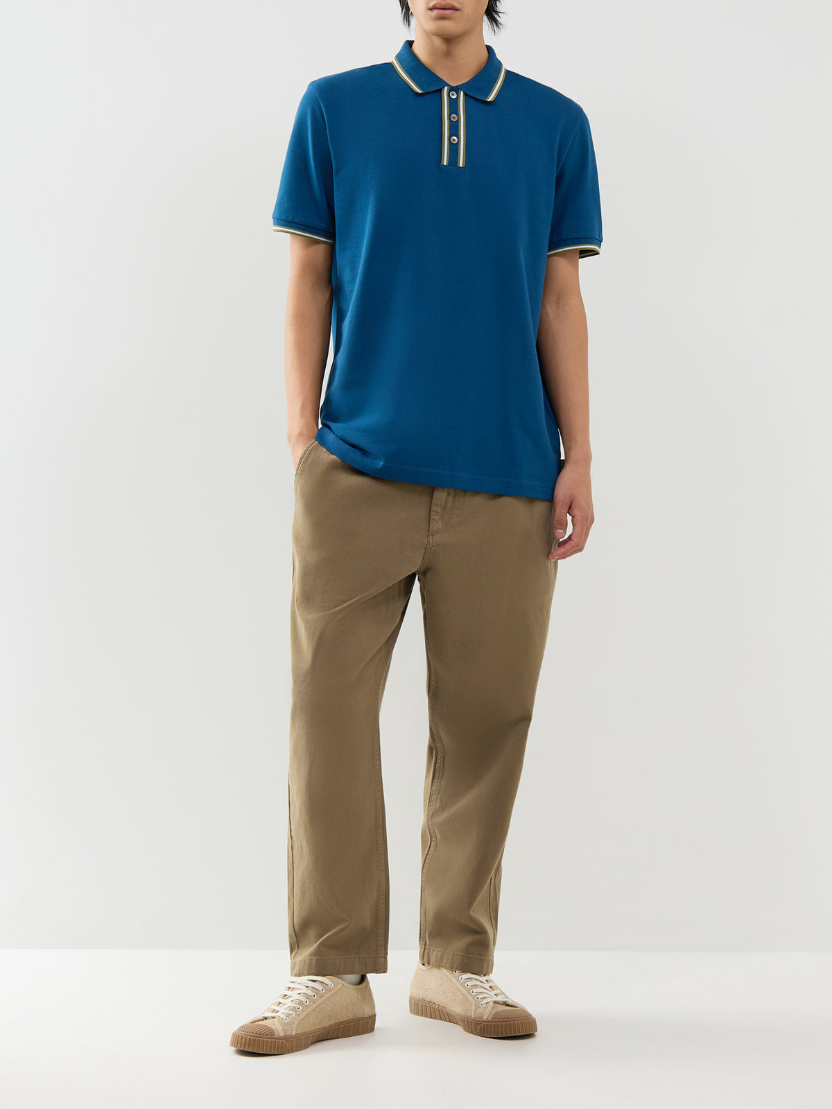 Organic Cotton Stripe Placket Polo Shirt – Blue