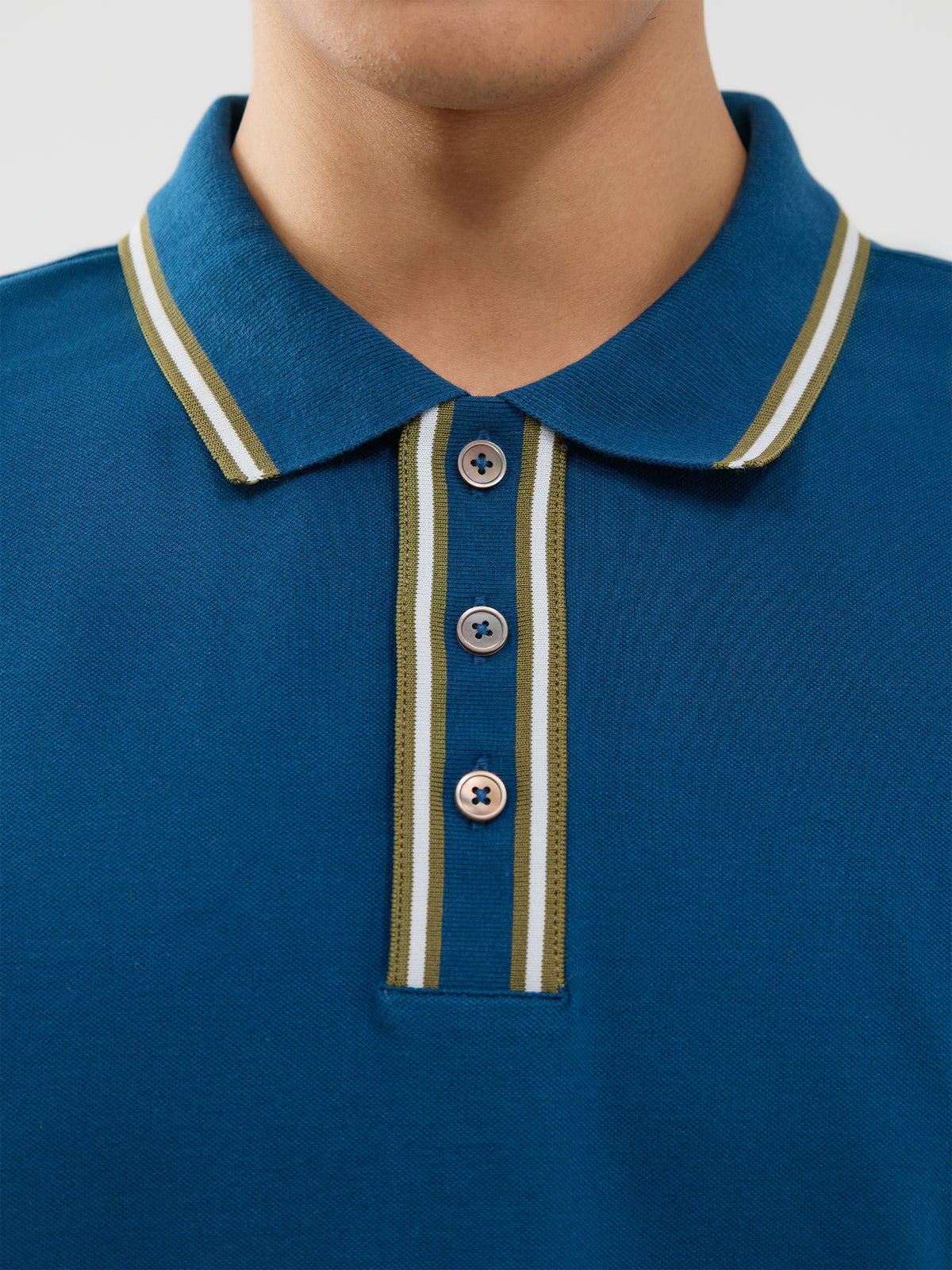 Organic Cotton Stripe Placket Polo Shirt – Blue