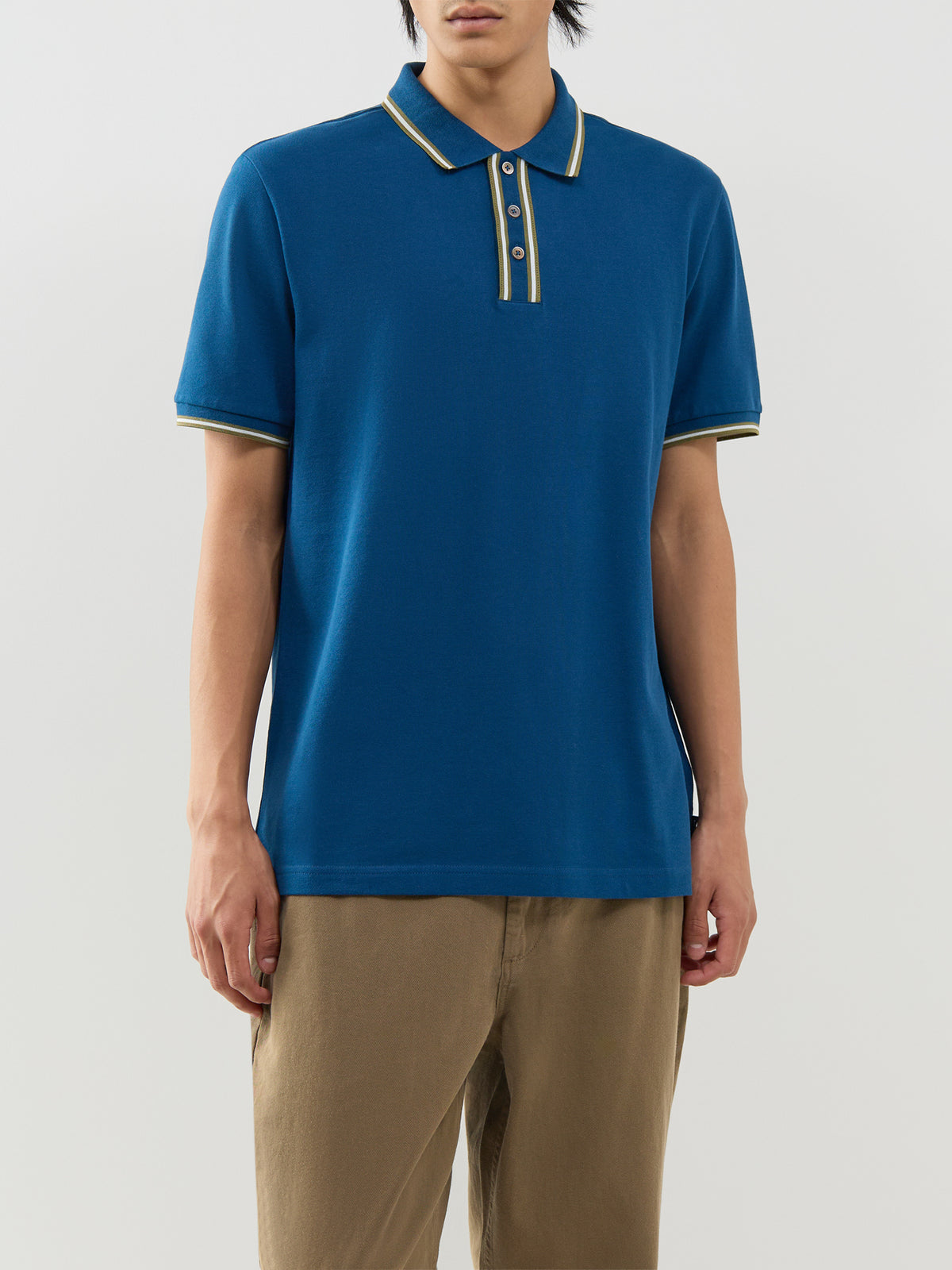 Organic Cotton Stripe Placket Polo Shirt – Blue