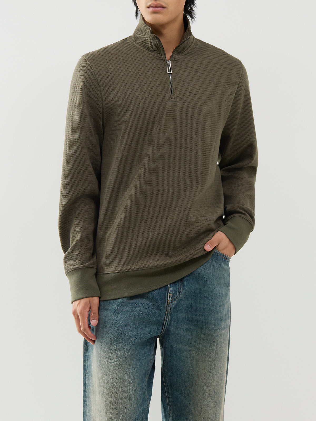 Textured Half-Zip Sweatshirt – Green