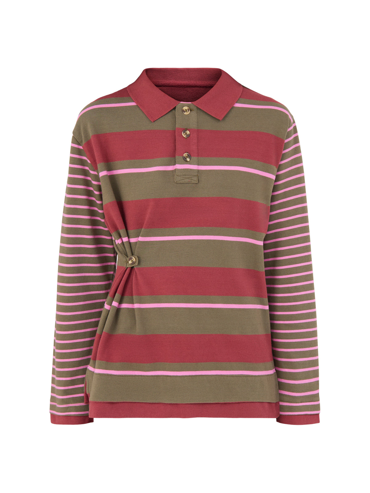 Organic Cotton Noah Cinch Rugby Top - Olive / Pink Stripe