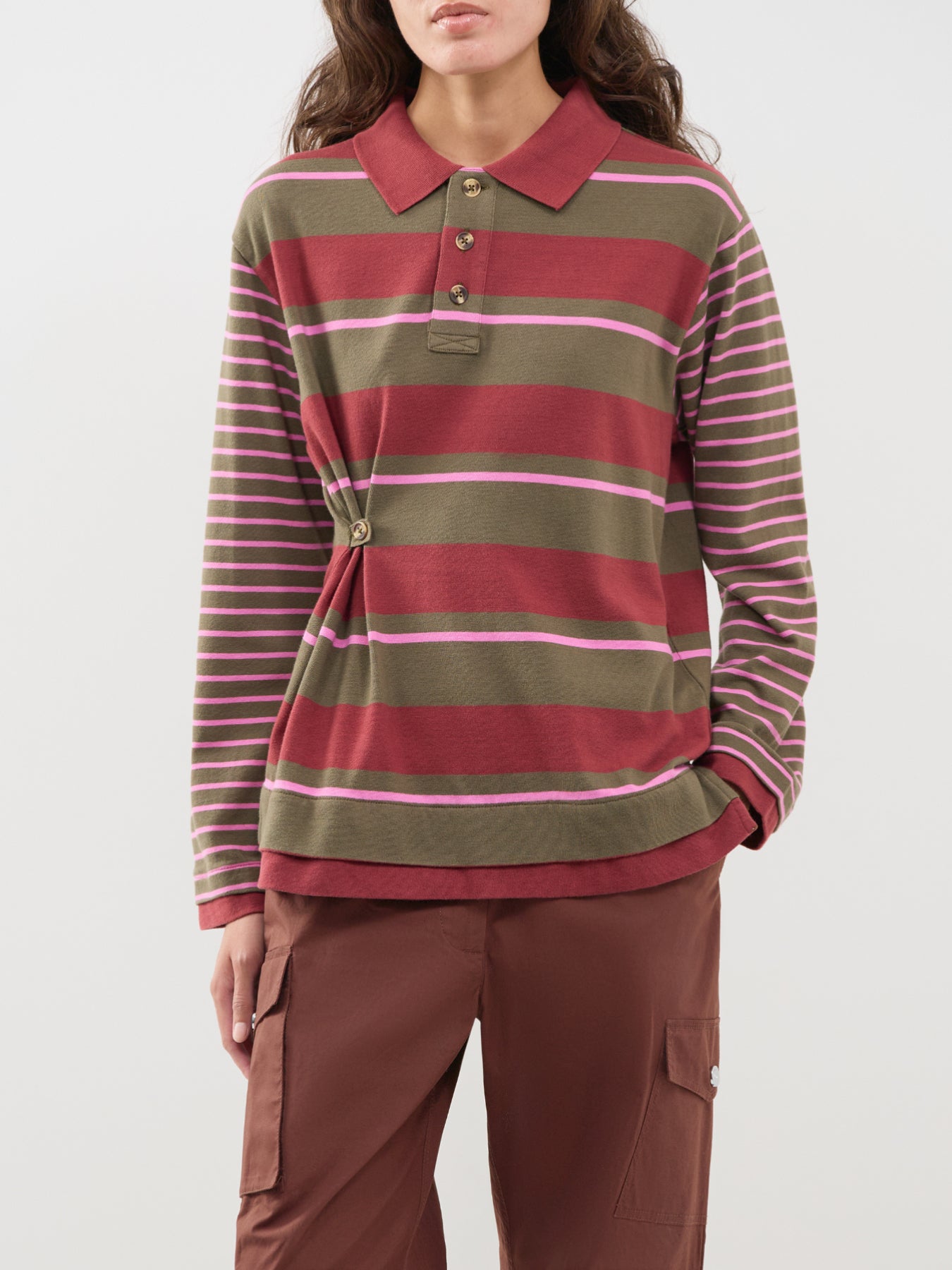 Organic Cotton Noah Cinch Rugby Top - Olive / Pink Stripe