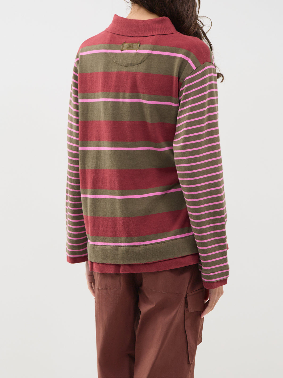 Organic Cotton Noah Cinch Rugby Top - Olive / Pink Stripe