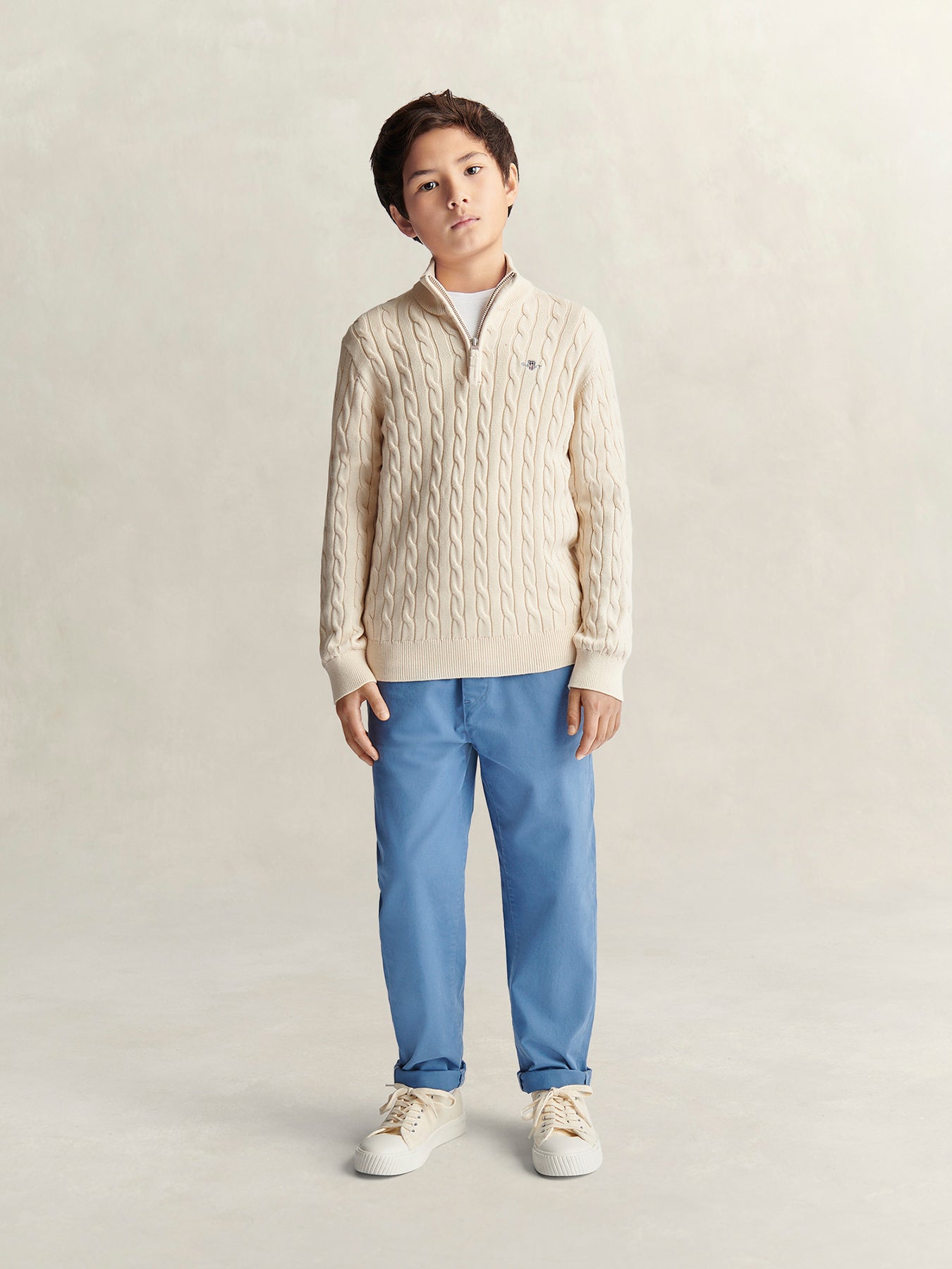 Kids' Shield Cotton Cable Half Zip Sweater Cream