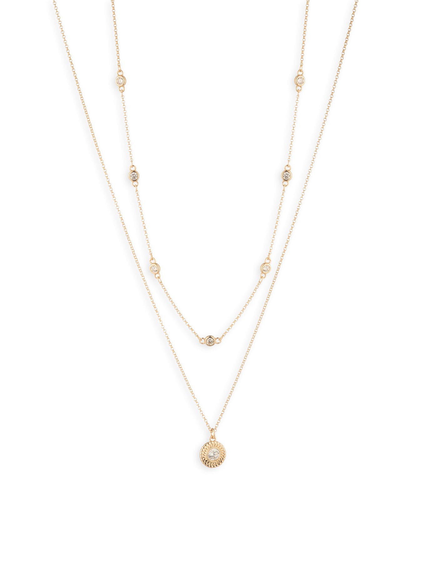 Two-Row Cubic Zirconia Station Necklace 17 Inch - Gold
