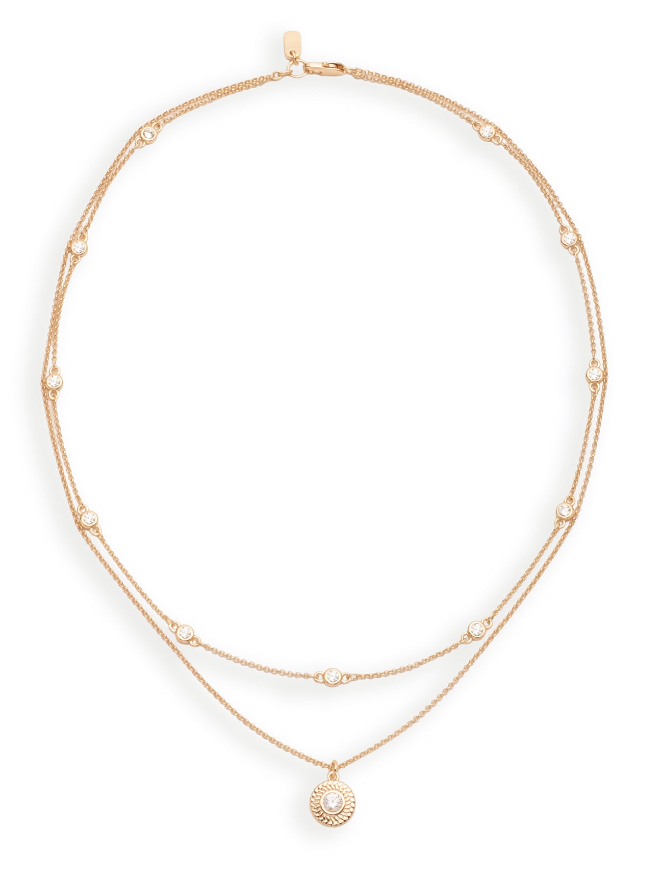 Two-Row Cubic Zirconia Station Necklace 17 Inch - Gold