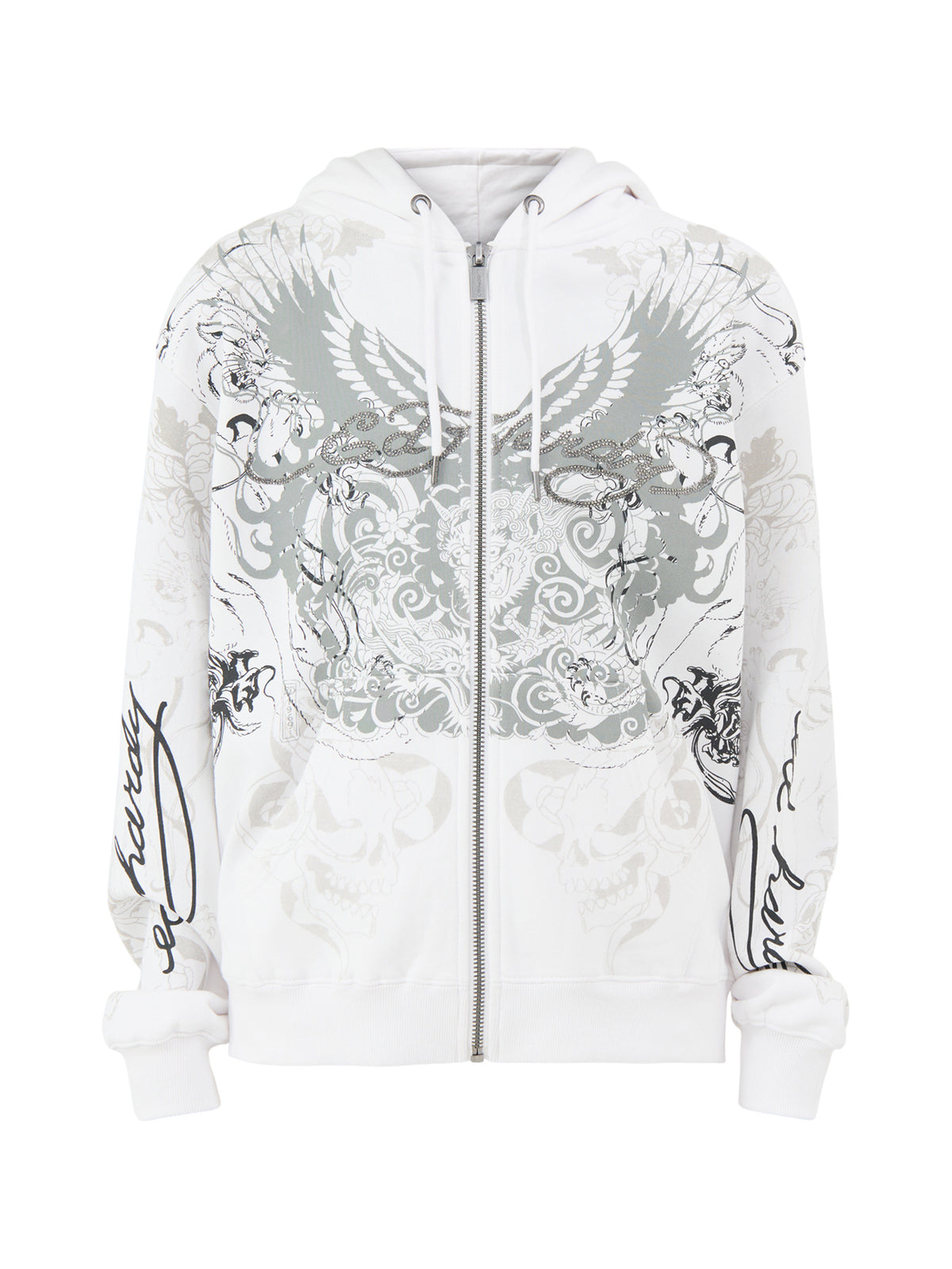 Cotton Diamanté Venom Relaxed Zip-Through Hoodie - White