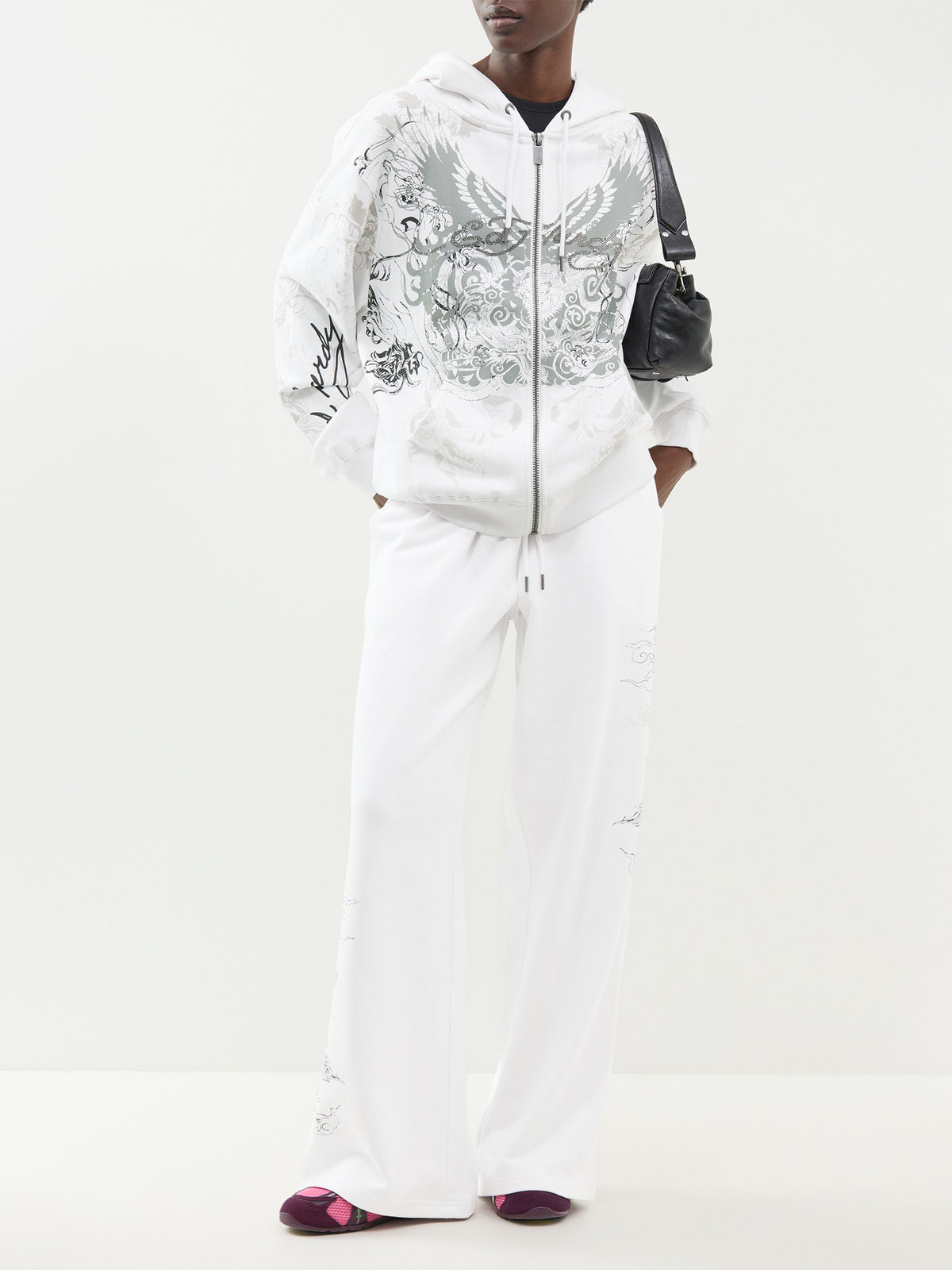 Cotton Diamanté Venom Relaxed Zip-Through Hoodie - White