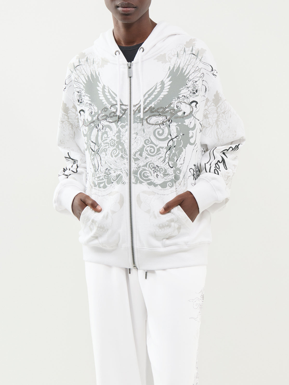 Cotton Diamanté Venom Relaxed Zip-Through Hoodie - White