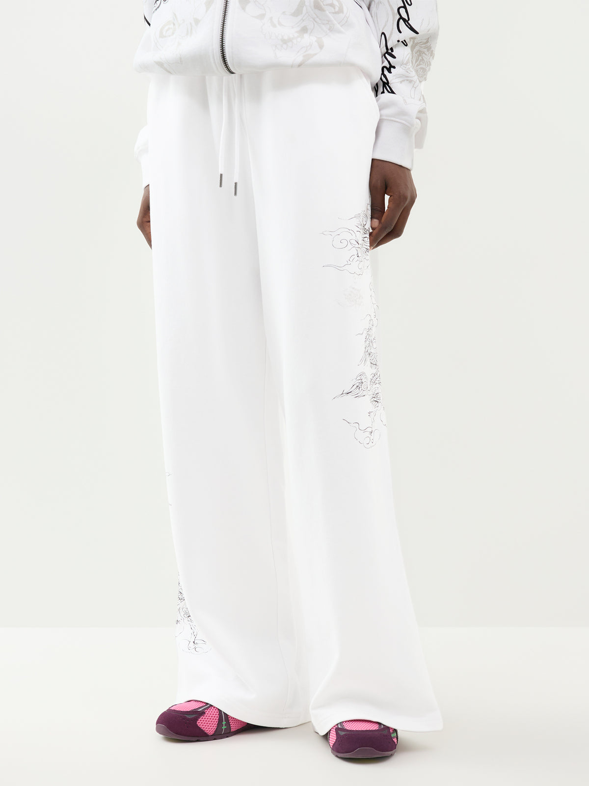 Cotton Gothic Dragon Relaxed Joggers - White