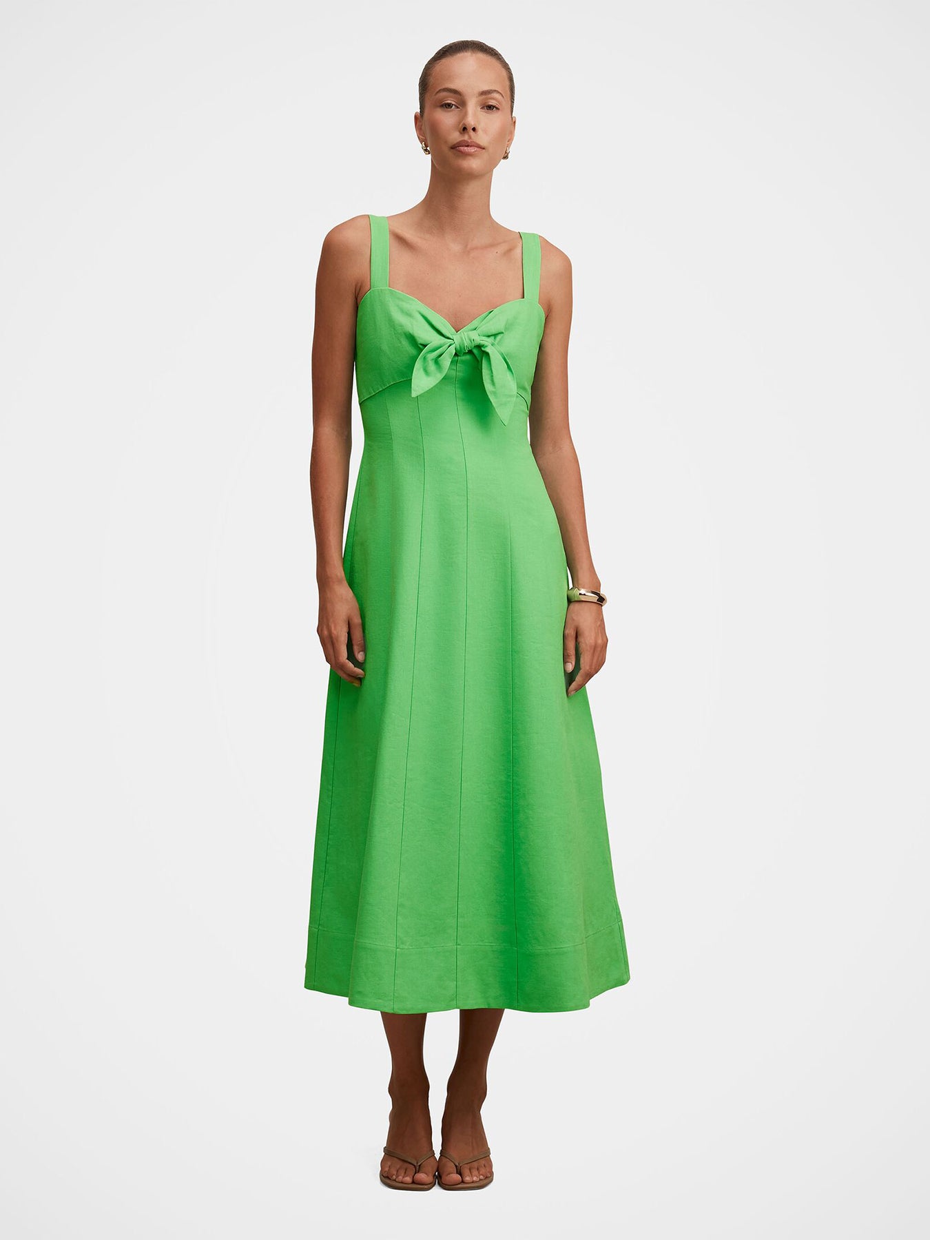 Kara Tie Front Linen Midi Dress Green