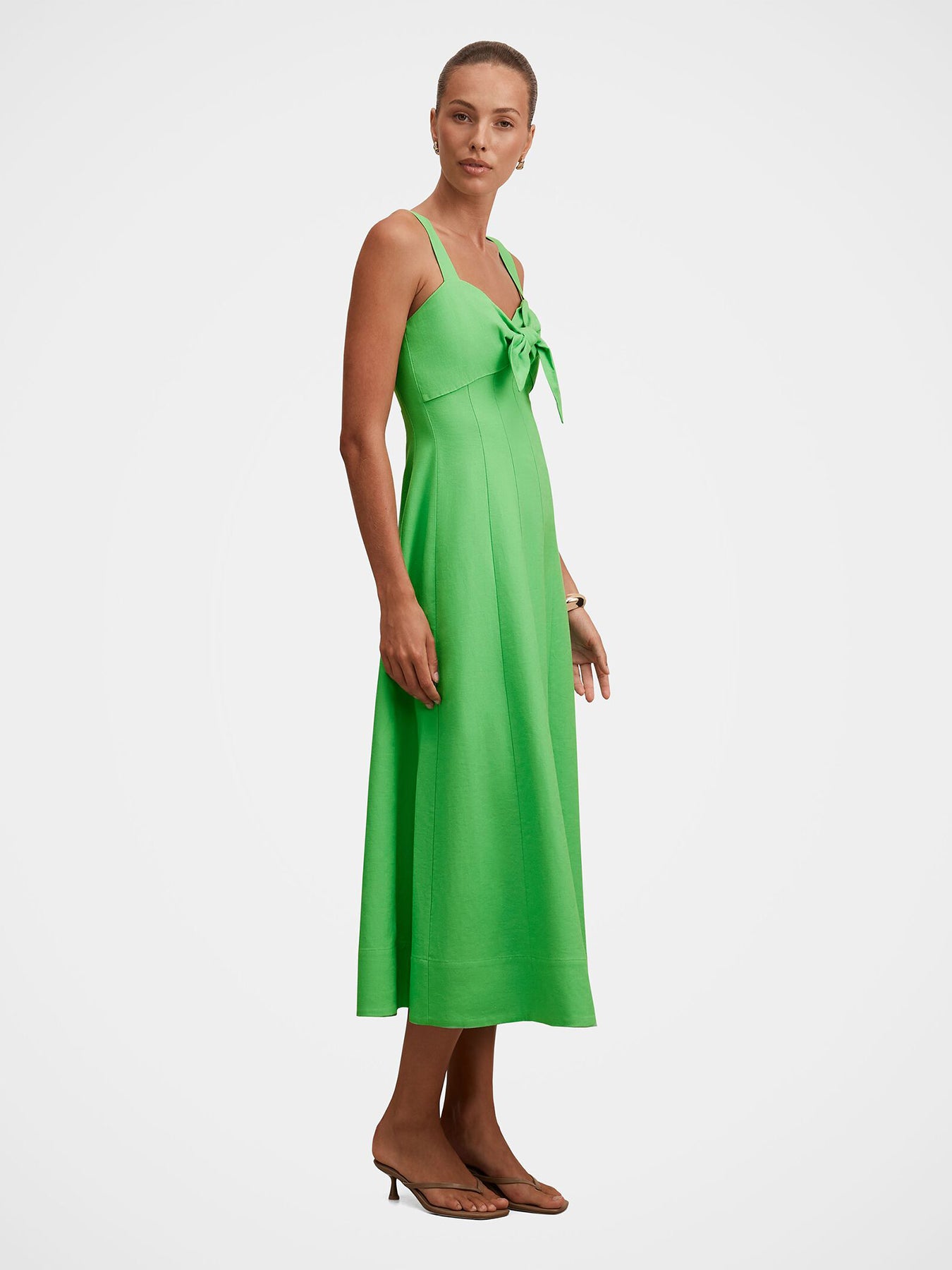 Kara Tie Front Linen Midi Dress Green