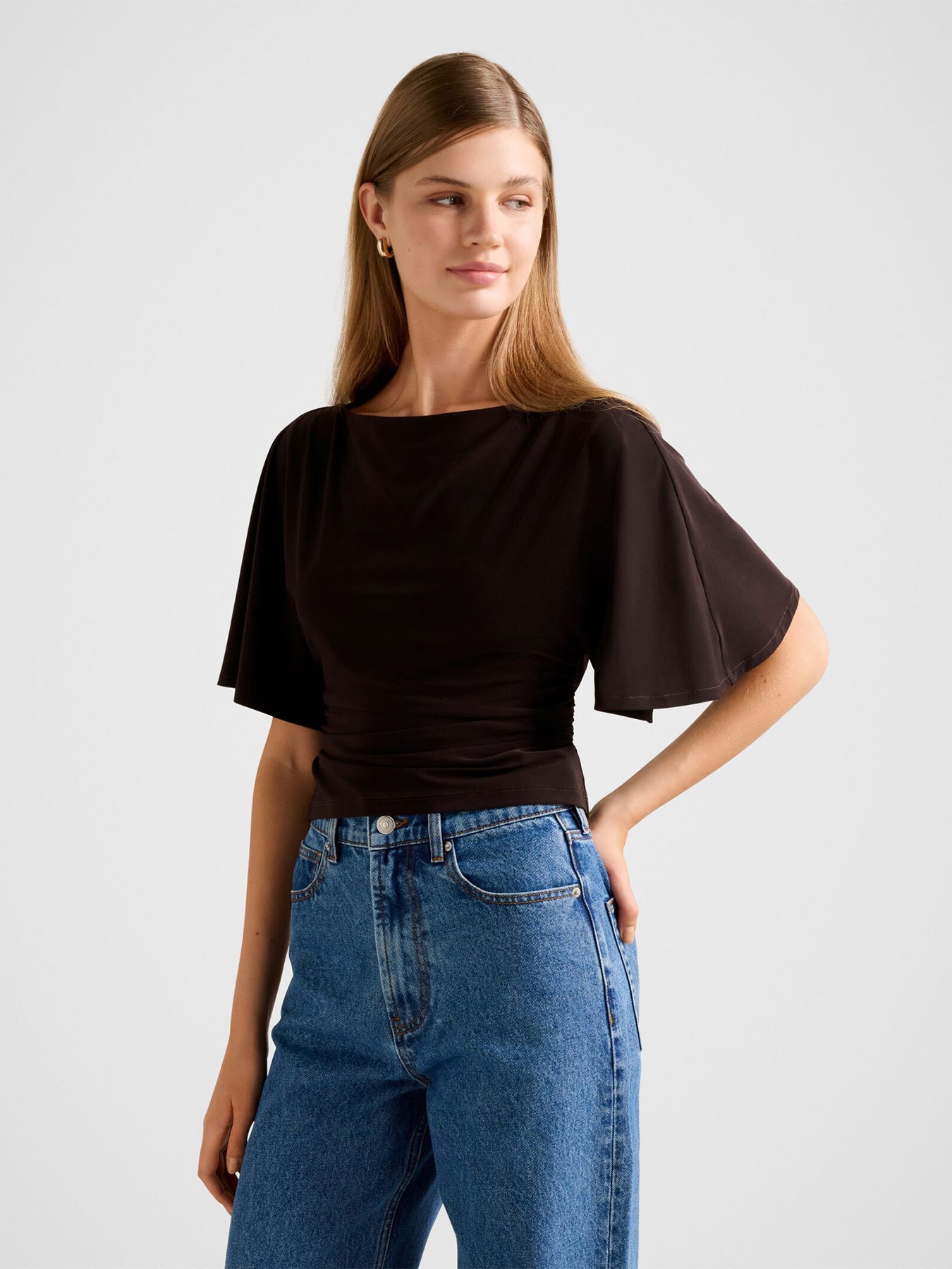 Paige Flutter Sleeves Tie Back Top Brown