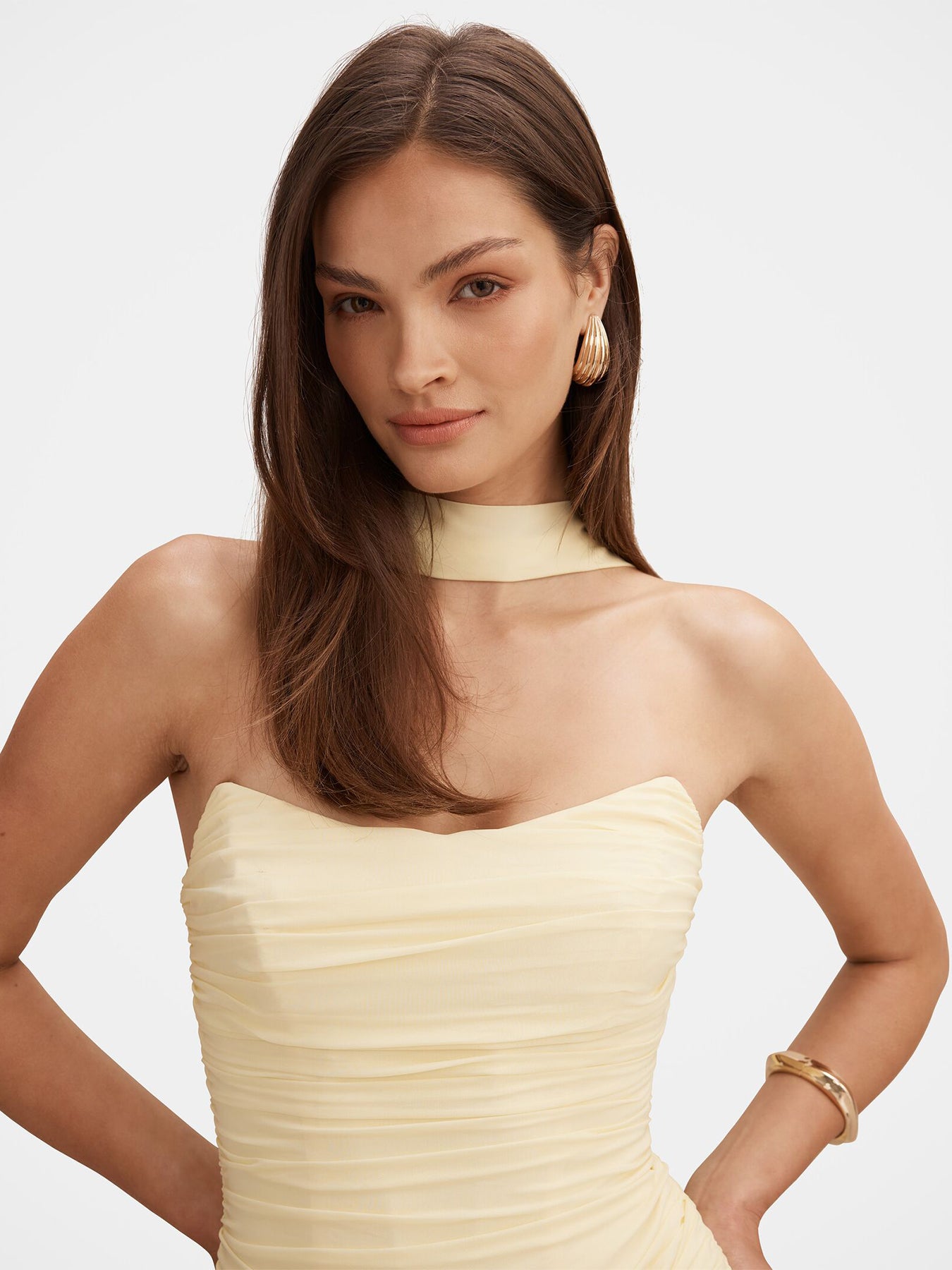 Arli Strapless Ruched Maxi Dress Yellow