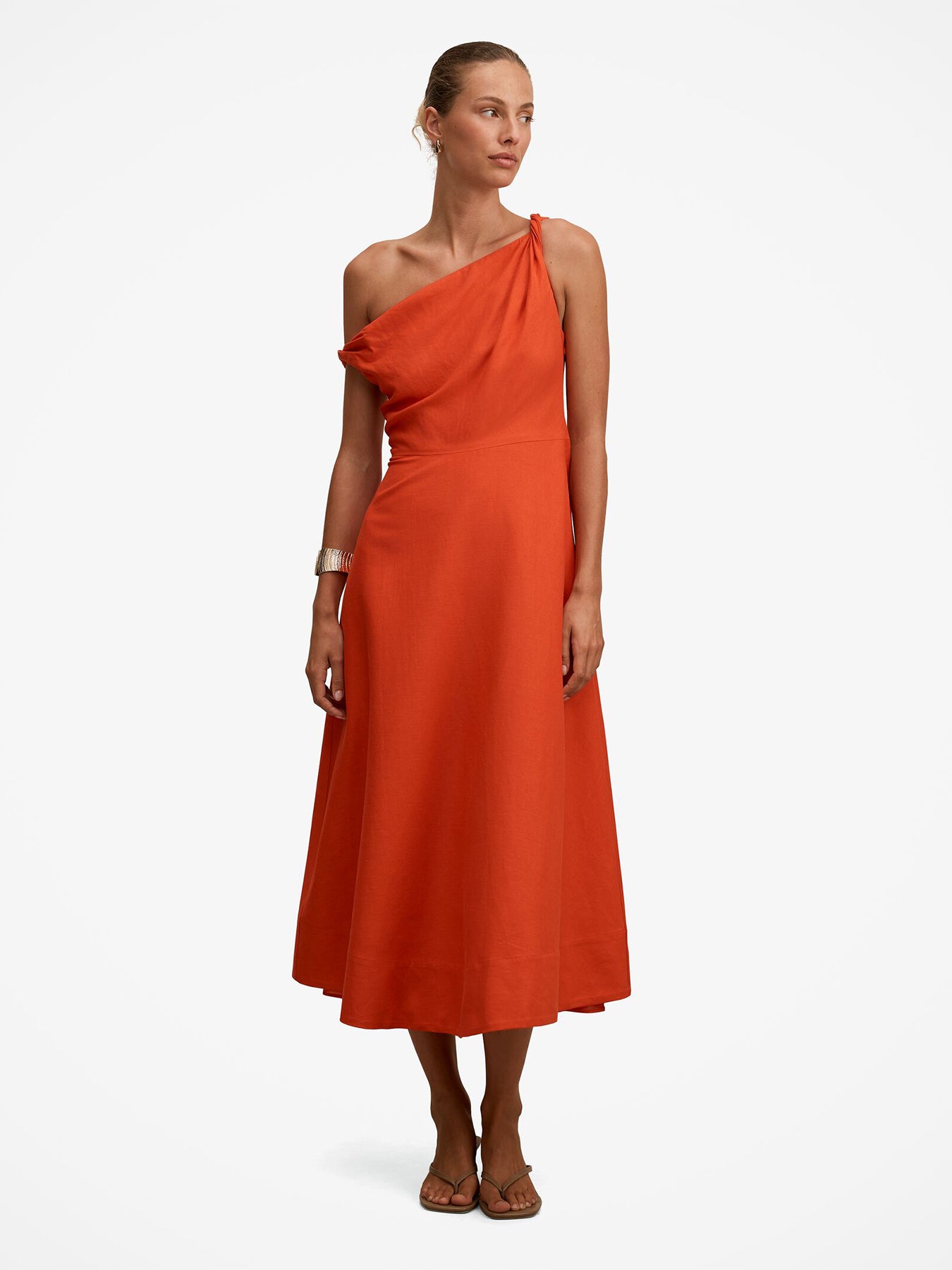 Vinetta Asymmetrical Twist Midi Dress Orange