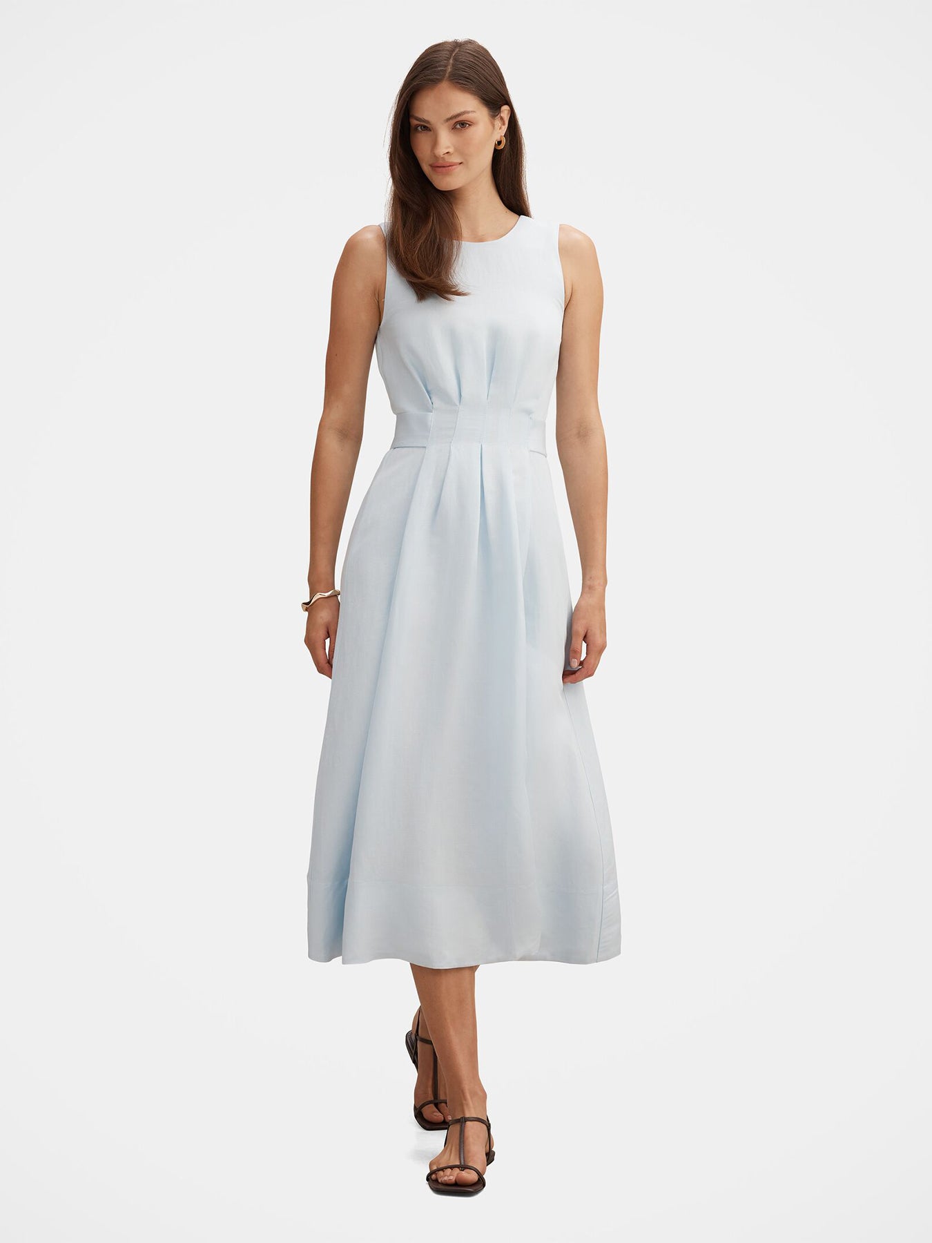 Rosie Linen Sleeveless Tuck Midi Dress Blue
