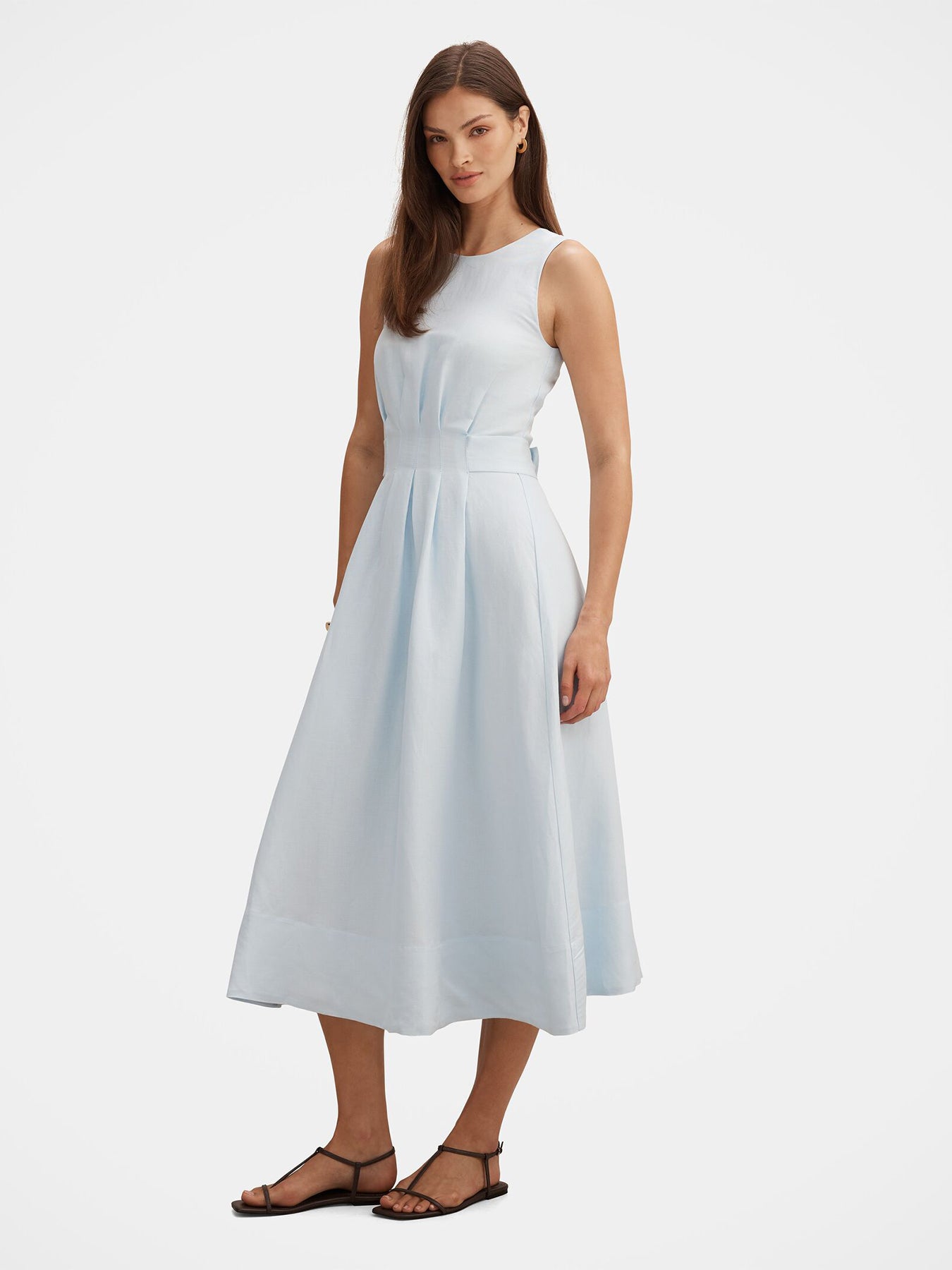 Rosie Linen Sleeveless Tuck Midi Dress Blue