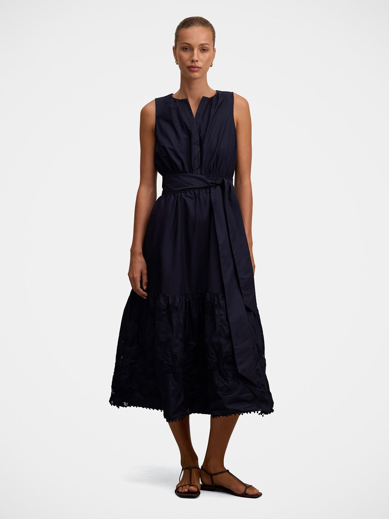 Evie Sleeveless Embroidered Tie Midi Dress Blue