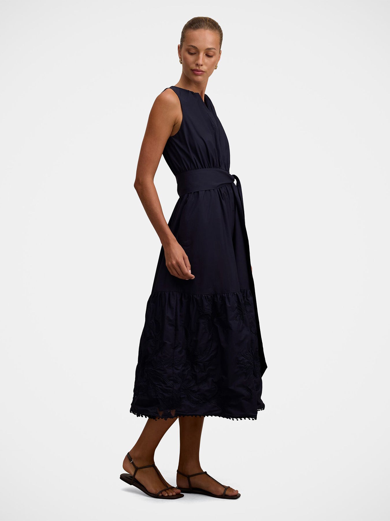 Evie Sleeveless Embroidered Tie Midi Dress Blue