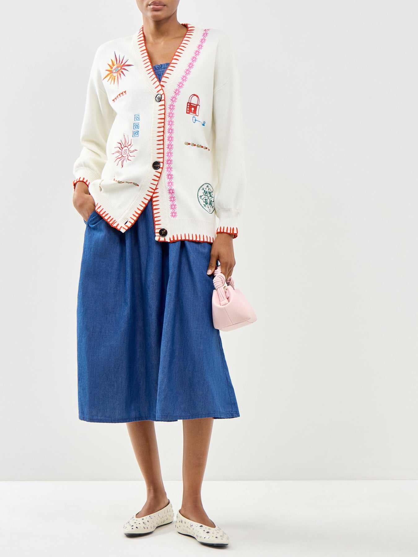 Embroidered Martha Cardigan White