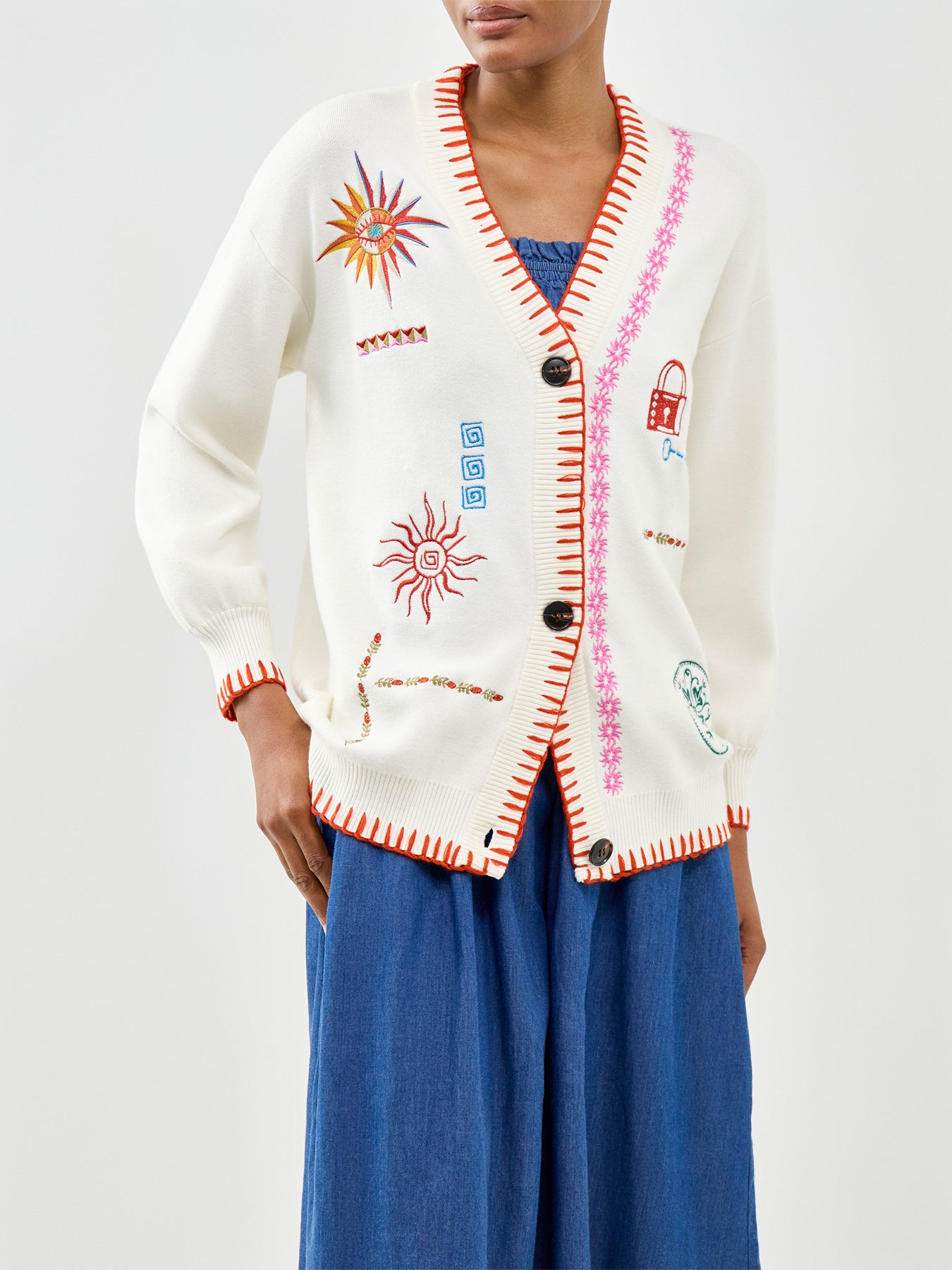 Embroidered Martha Cardigan White