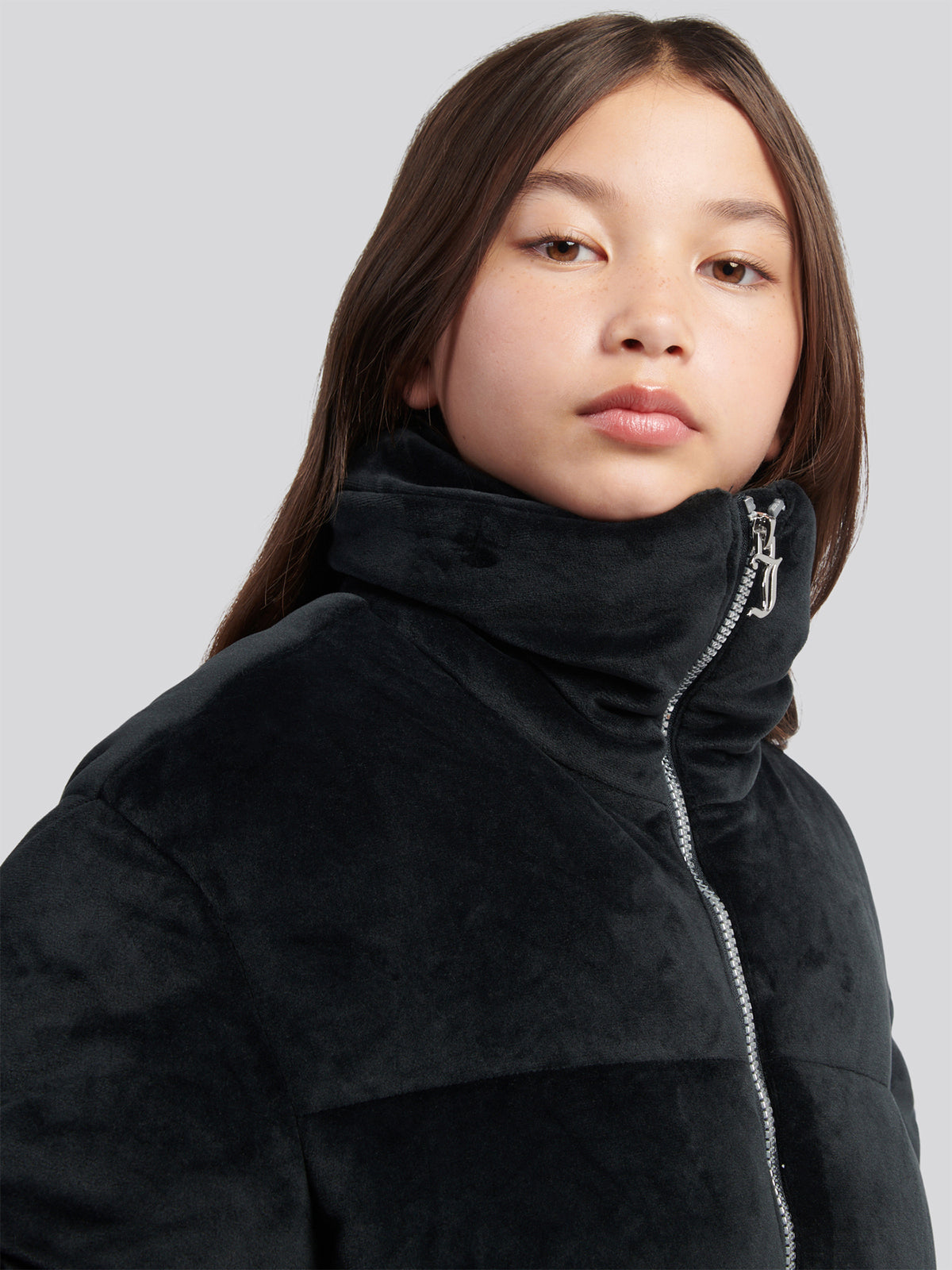Velour Puffer Coat - Black