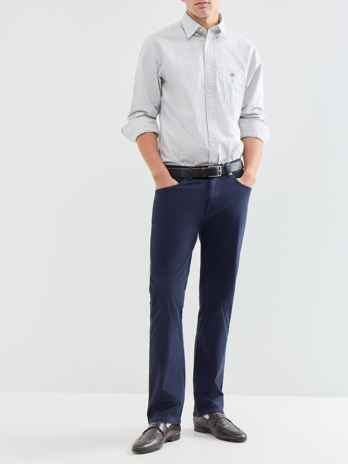 Classic Oxford Stripe Cotton Long-Sleeved Shirt - Black Brown