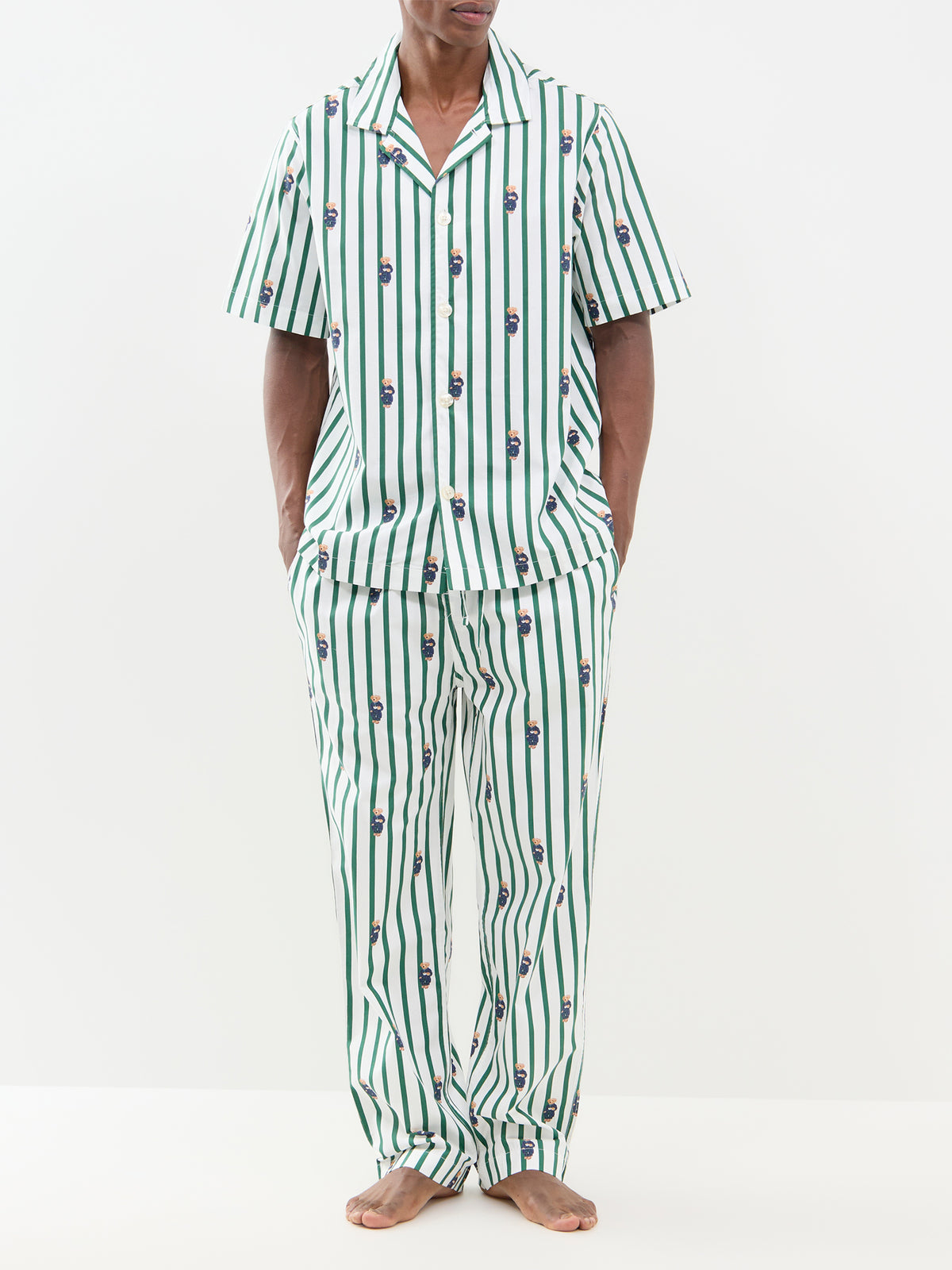 Bear Stripe Cotton Pyjama Bottoms - Green & White
