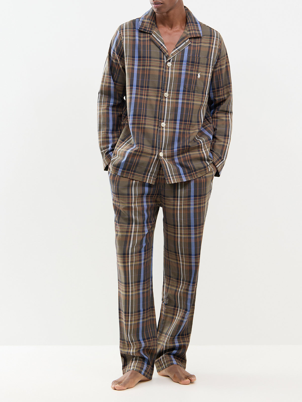 Tartan Check Cotton Pyjama Set - Olive & Brown