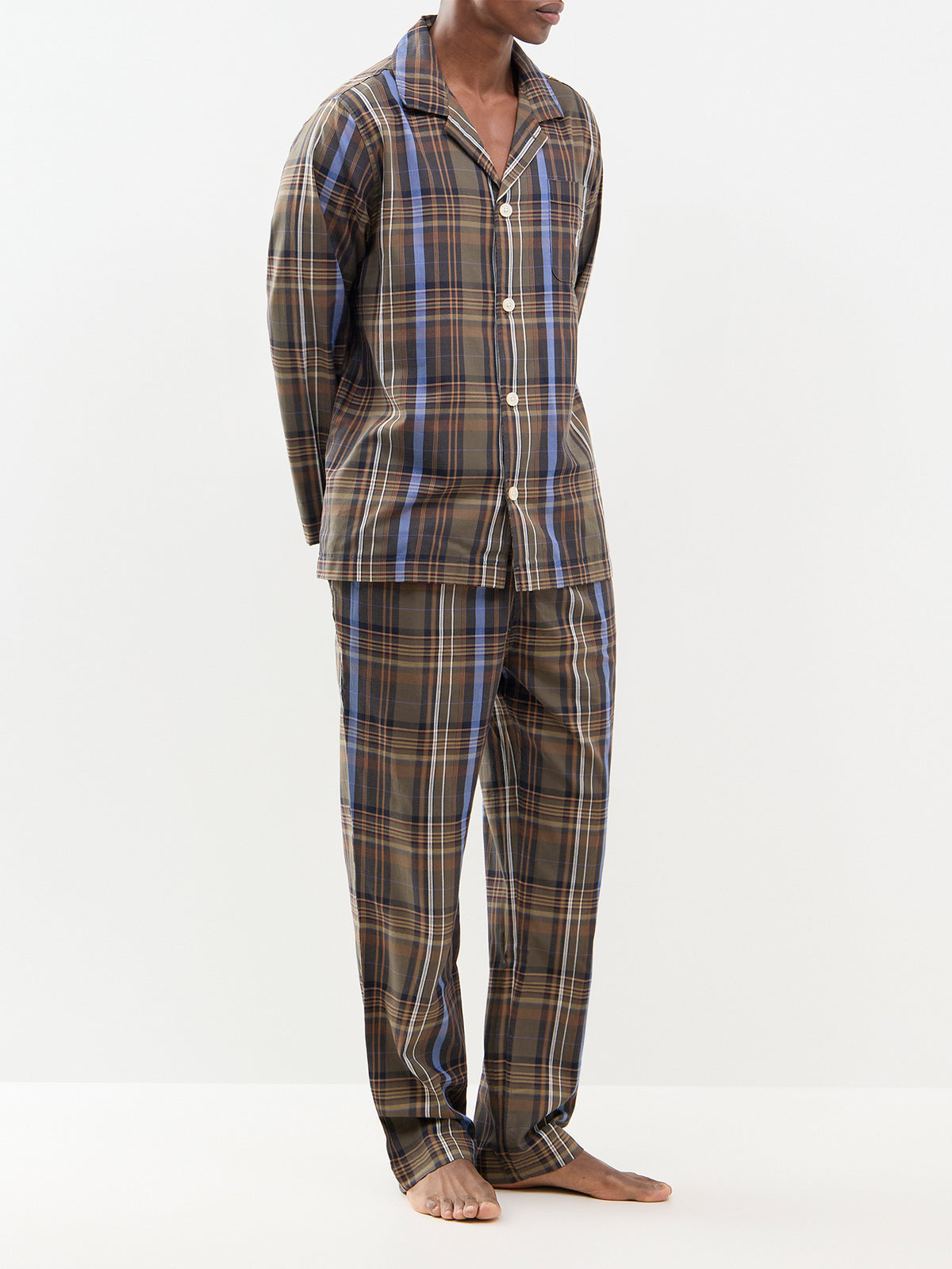 Tartan Check Cotton Pyjama Set - Olive & Brown