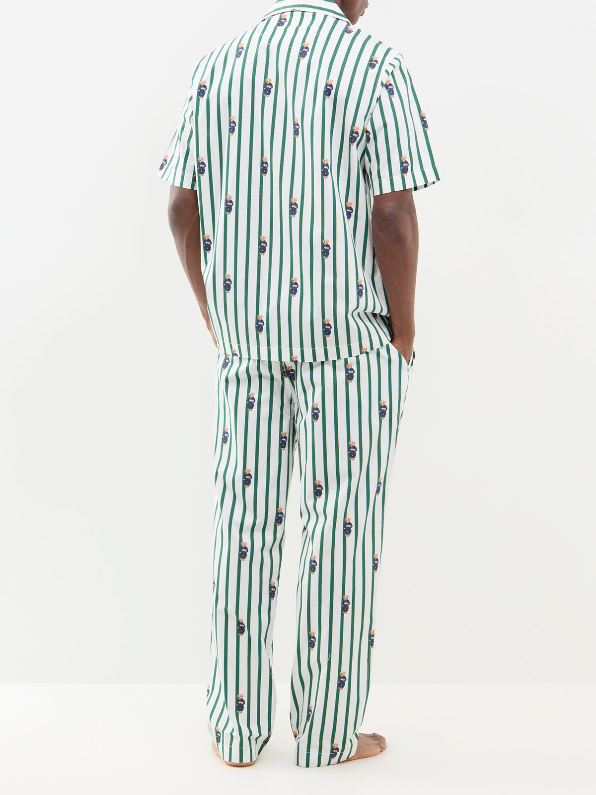 Bear Stripe Cotton Short-Sleeved Pyjama Shirt - Green & White