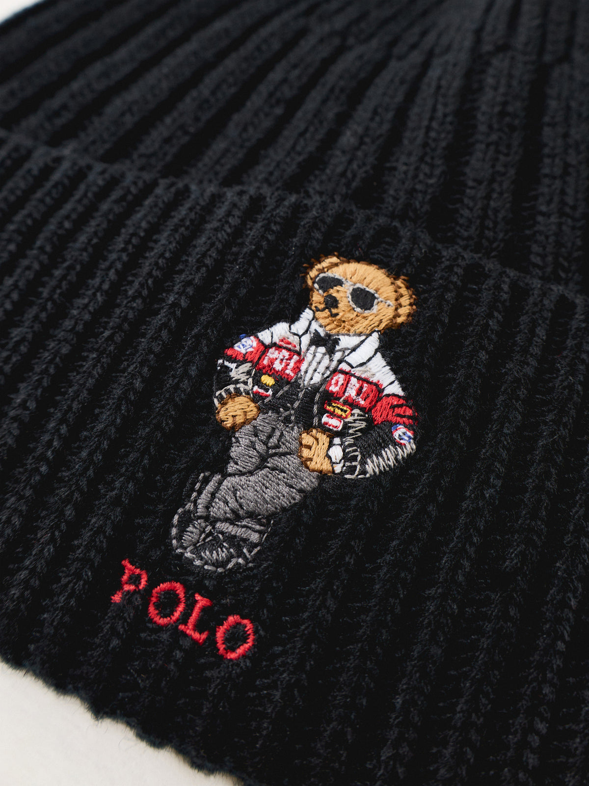 Wool-Blend Racing Bear Beanie – Black