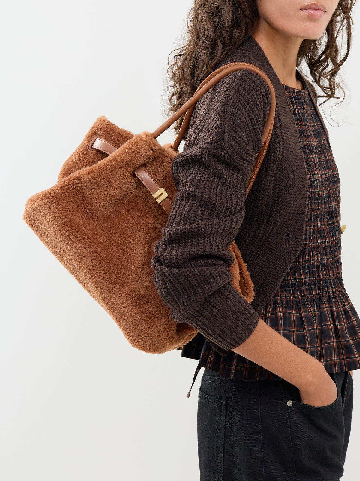 JW PEI Hana Faux Fur Medium Tote Bag Coffee Brown