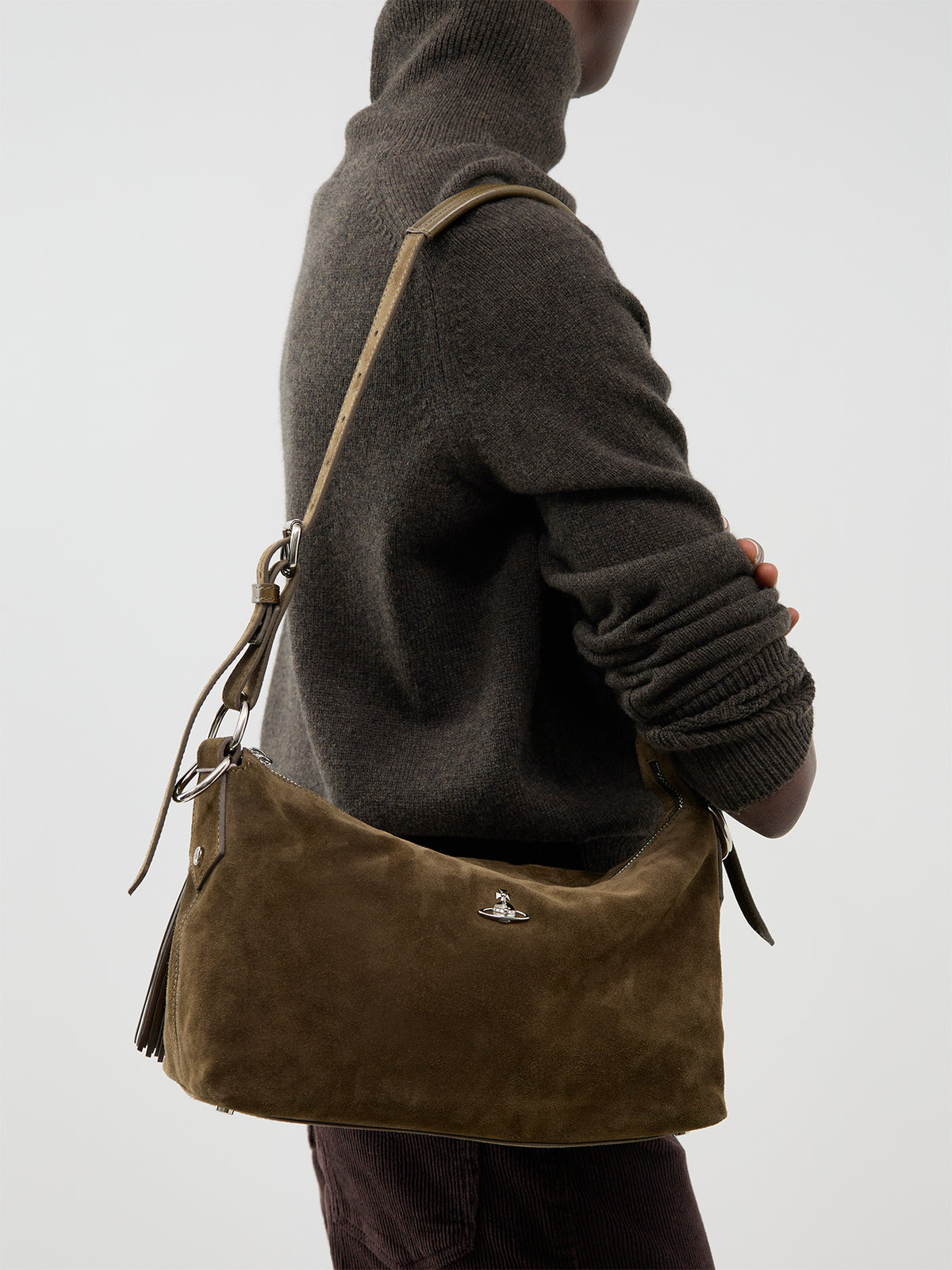 Calf Leather Emma Suede Shoulder Bag - Khaki