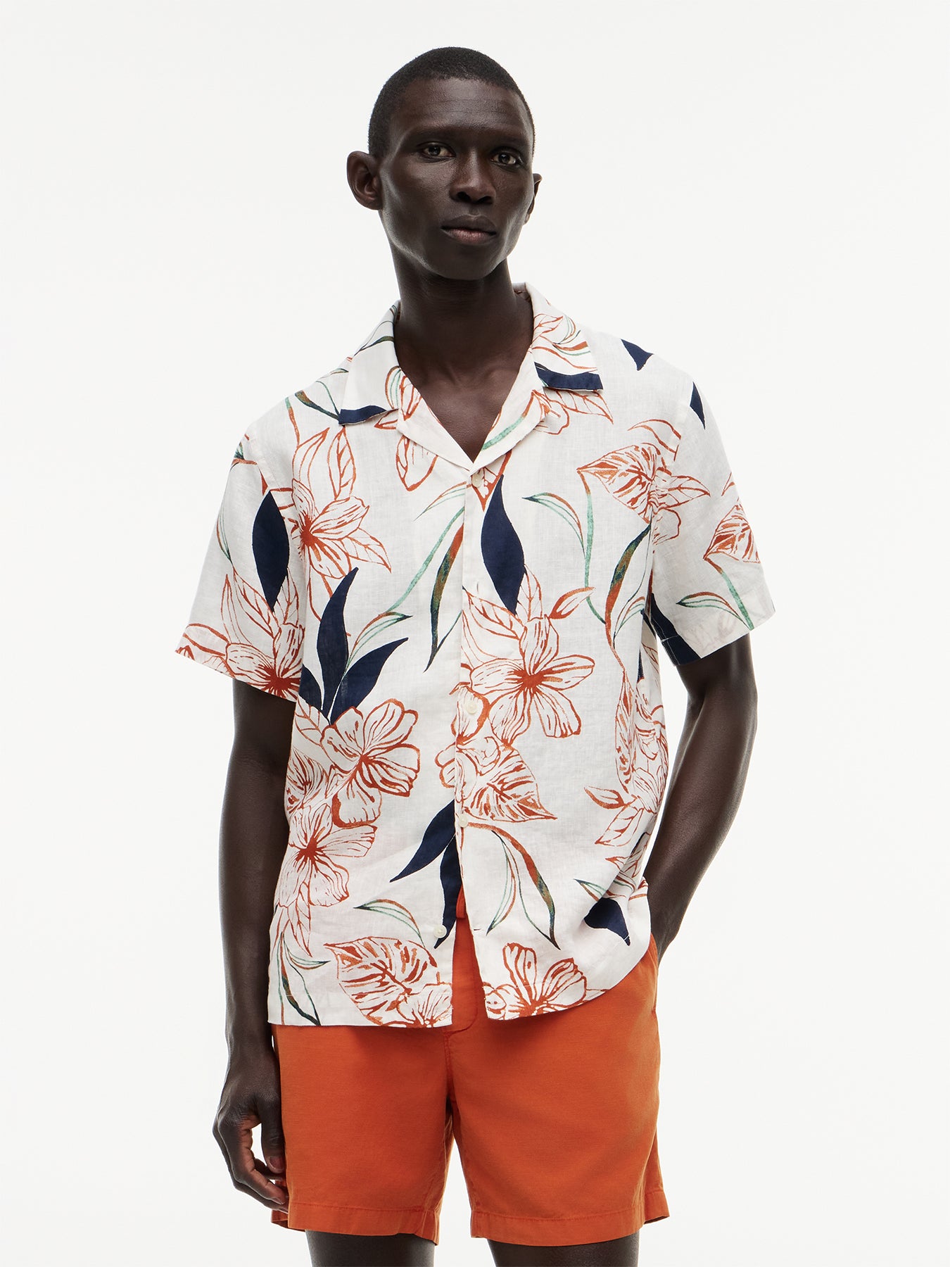 Regular Tropical Print Linen Short Sleeve Shirt