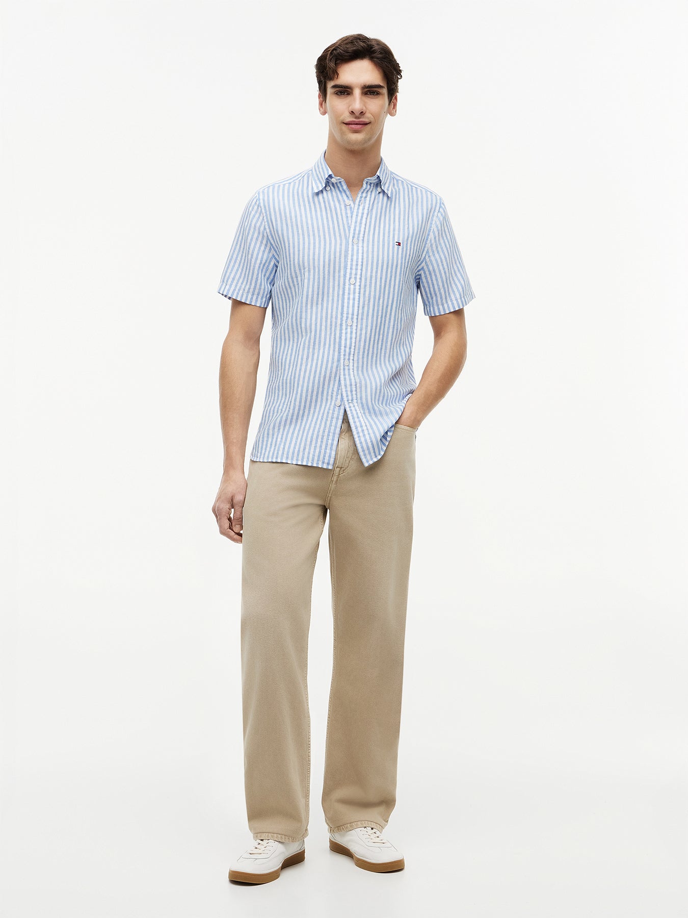 Regular Fit Linen Blend Bengal Stripe Short-Sleeve Shirt