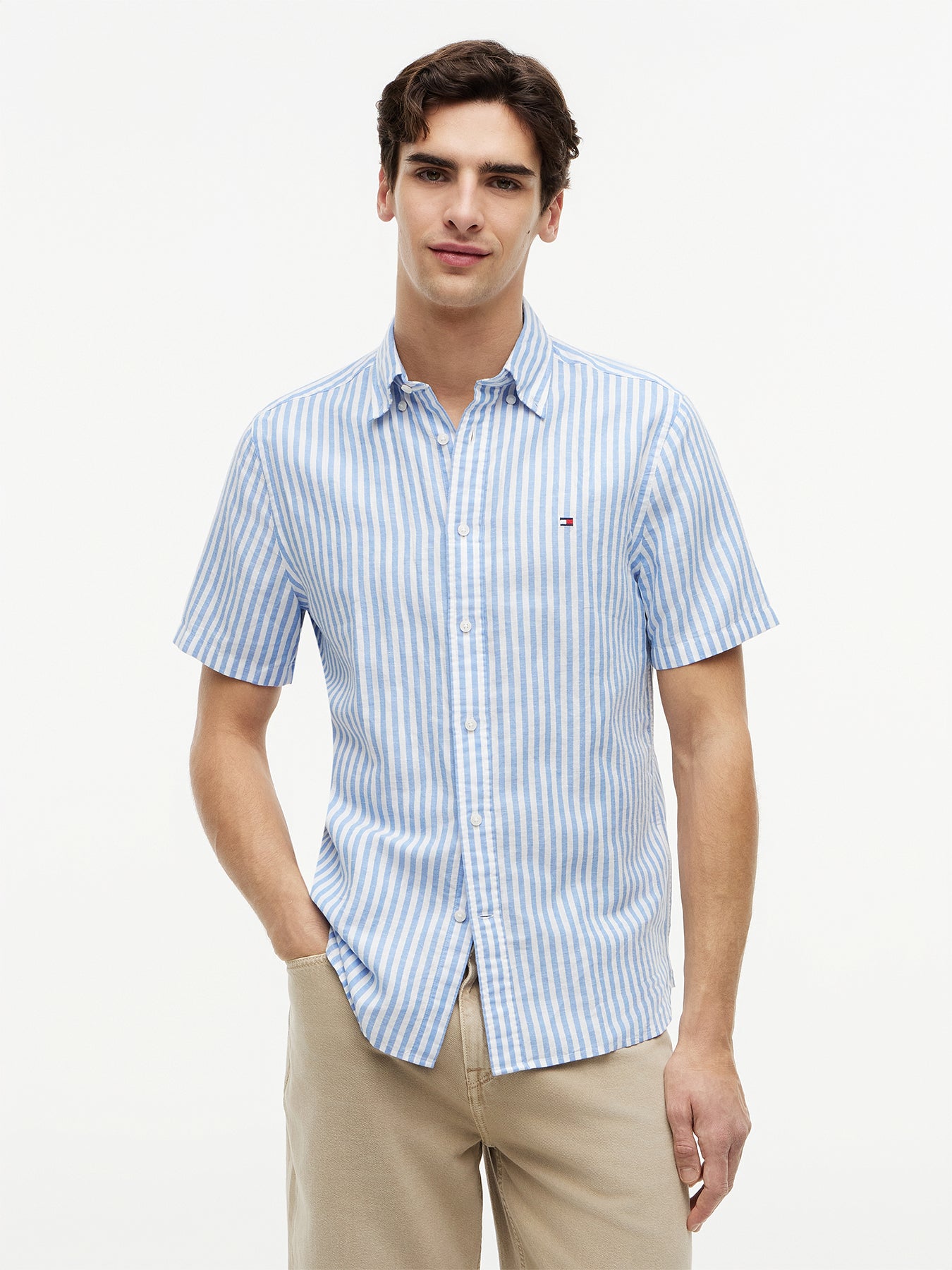 Regular Fit Linen Blend Bengal Stripe Short-Sleeve Shirt