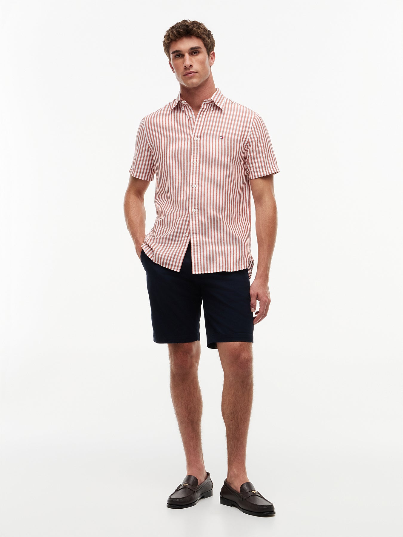 Regular Linen Blend Bengal Stripe Short Sleeve Shirt Orange
