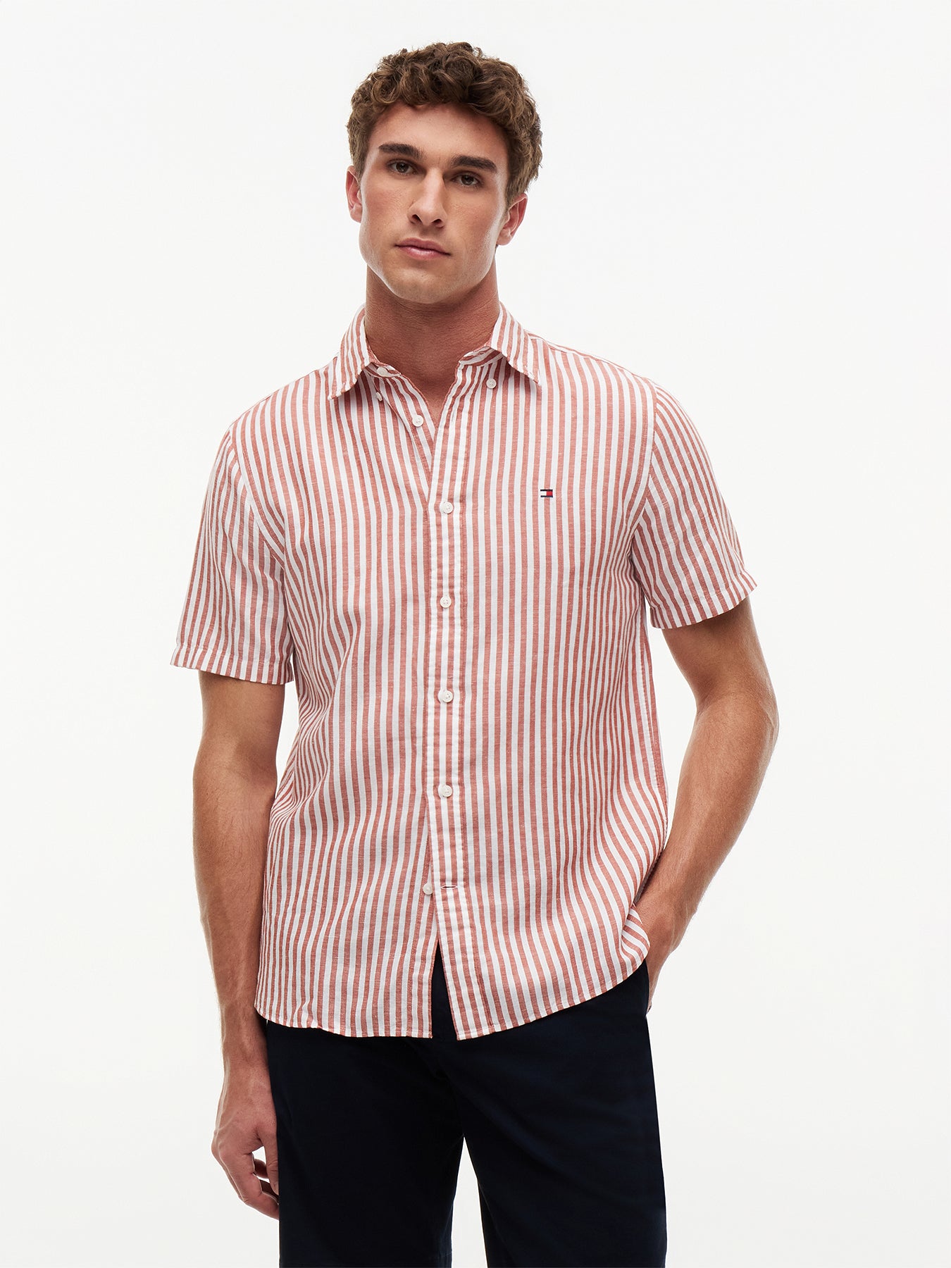 Regular Linen Blend Bengal Stripe Short Sleeve Shirt Orange