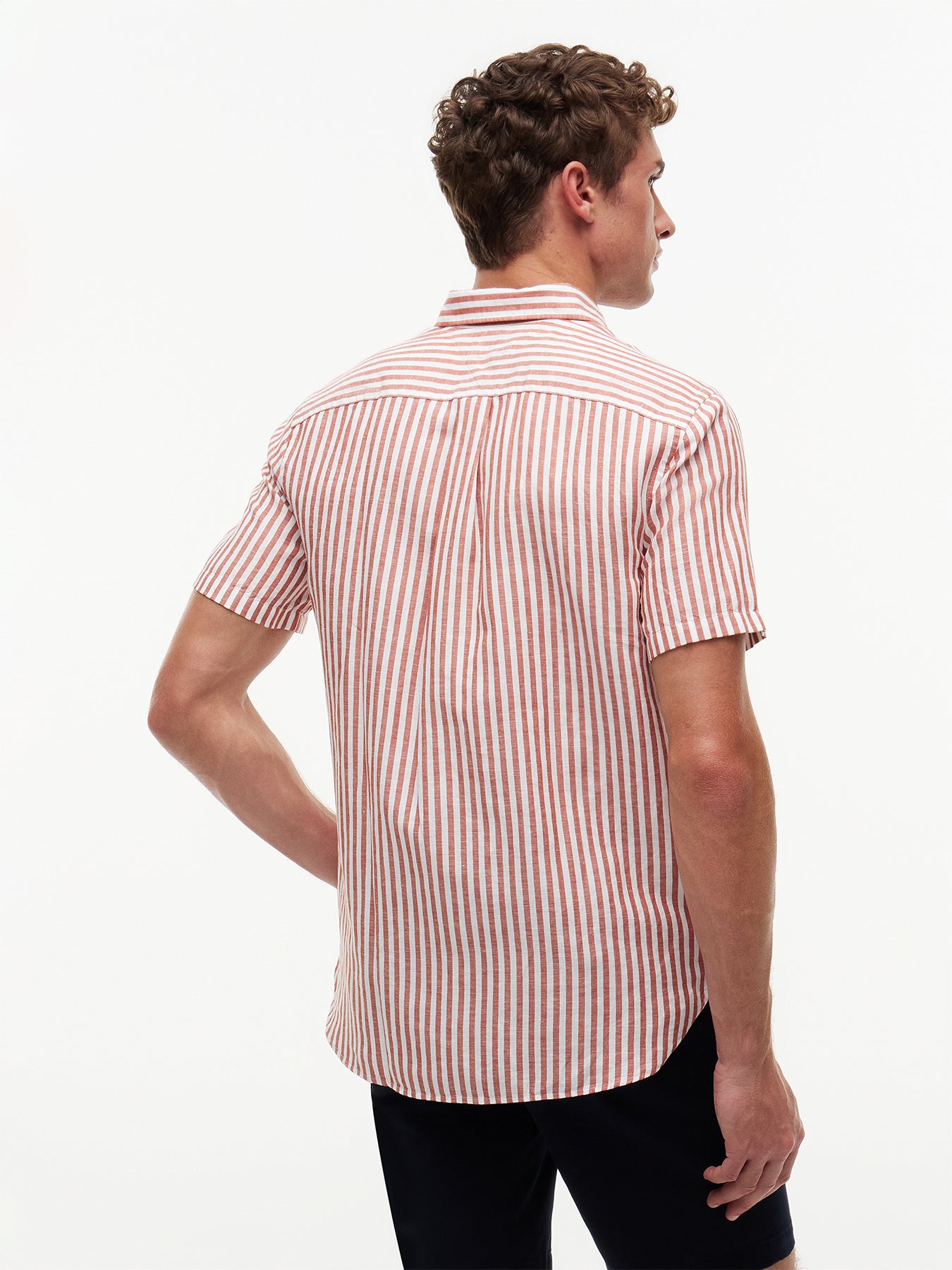 Regular Linen Blend Bengal Stripe Short Sleeve Shirt Orange