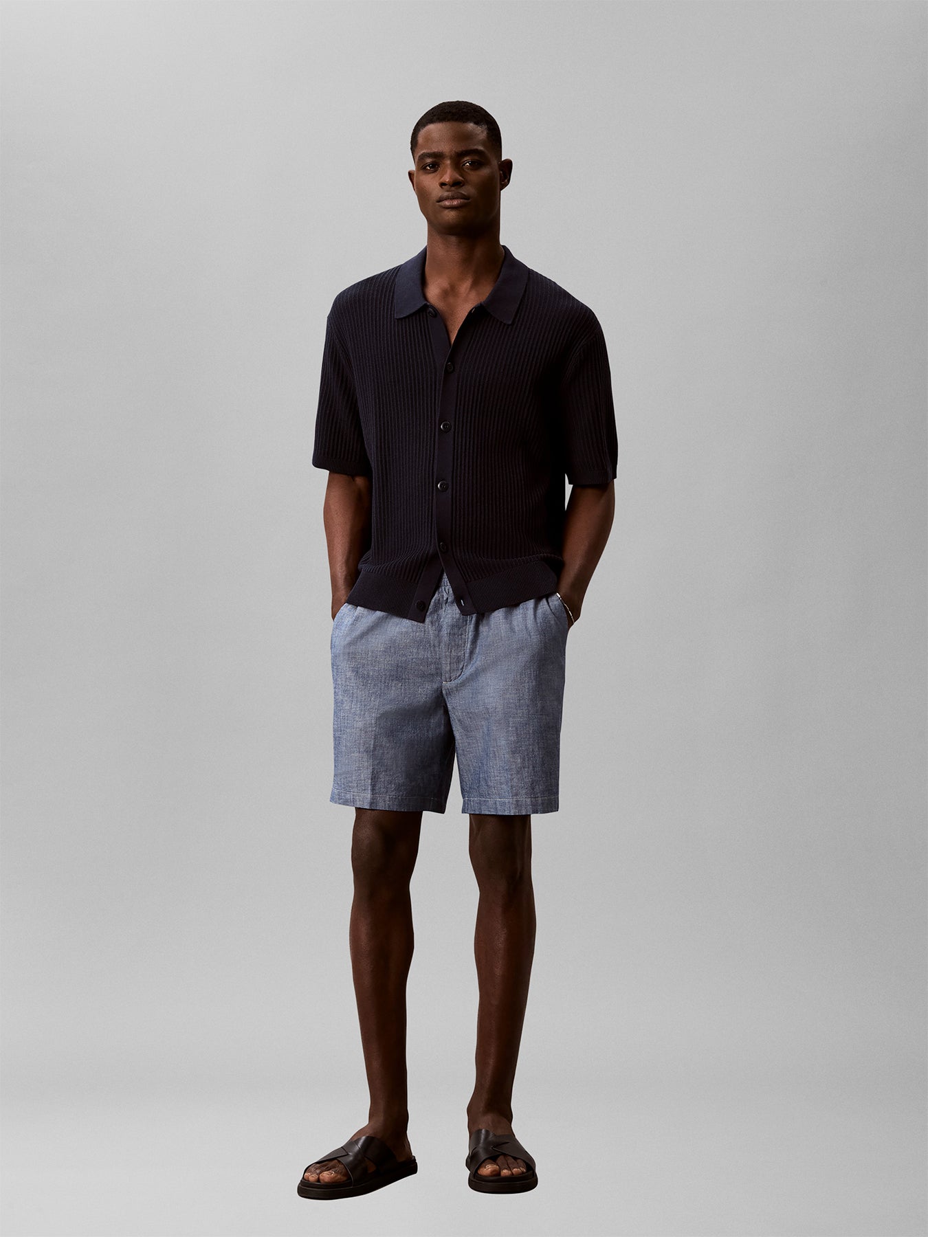 Cotton Chambray Drawstring Shorts Blue