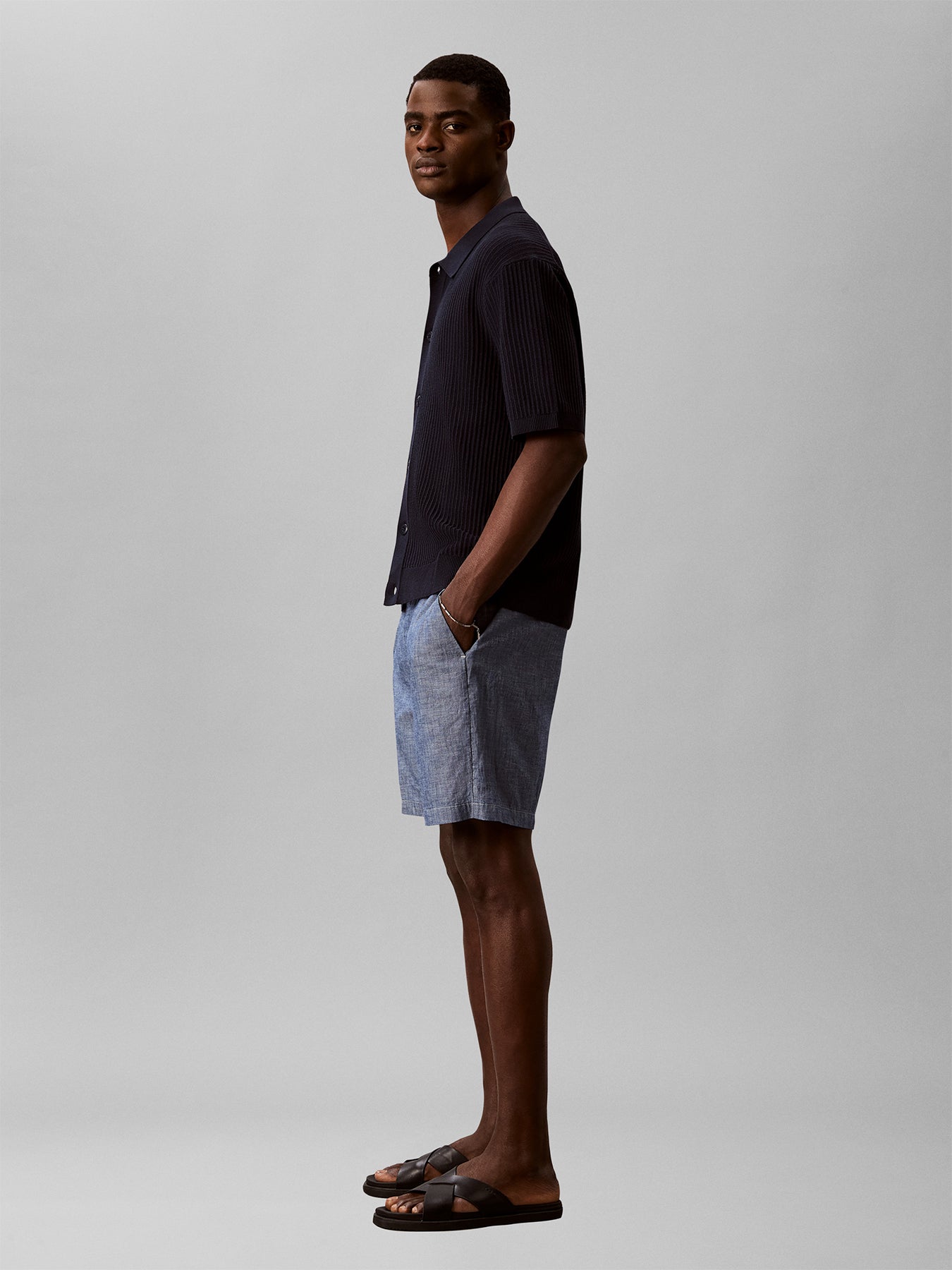 Cotton Chambray Drawstring Shorts Blue