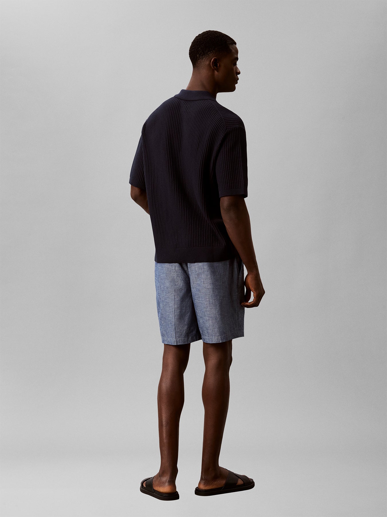 Cotton Chambray Drawstring Shorts Blue